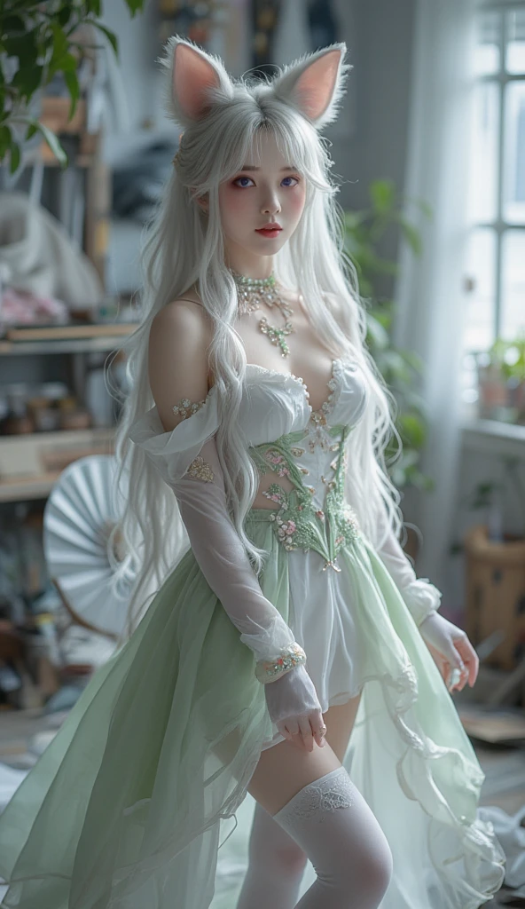 A captivating full-body cosplay photograph of a young woman embodying a fantasy character with long, flowing silver-white hair, pointed fox-like ears, and striking light purple eyes. She is wearing an elaborate, layered costume consisting of a pale green and white off-the-shoulder dress with delicate floral embellishments and sheer, flowing fabric accents. White thigh-high stockings and light-colored, embellished heels complete the outfit. The setting appears to be a slightly cluttered but creative space, possibly a studio or a themed room in Bangkok, with various props and decorations visible in the background, including what looks like craft supplies, fabrics, and decorative fans. Soft, somewhat diffused lighting illuminates the subject, highlighting the details of her costume and makeup, which includes pale skin and rosy lips. Her pose is elegant and slightly whimsical, fitting a fantasy or fairy-tale theme, perhaps inspired by a character from a popular game or anime.