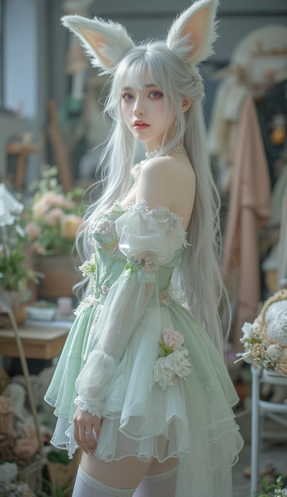 A captivating full-body cosplay photograph of a young woman embodying a fantasy character with long, flowing silver-white hair, pointed fox-like ears, and striking light purple eyes. She is wearing an elaborate, layered costume consisting of a pale green and white off-the-shoulder dress with delicate floral embellishments and sheer, flowing fabric accents. White thigh-high stockings and light-colored, embellished heels complete the outfit. The setting appears to be a slightly cluttered but creative space, possibly a studio or a themed room in Bangkok, with various props and decorations visible in the background, including what looks like craft supplies, fabrics, and decorative fans. Soft, somewhat diffused lighting illuminates the subject, highlighting the details of her costume and makeup, which includes pale skin and rosy lips. Her pose is elegant and slightly whimsical, fitting a fantasy or fairy-tale theme, perhaps inspired by a character from a popular game or anime.