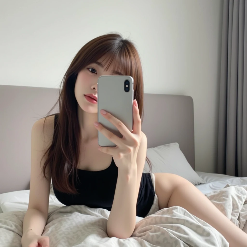 Girl with long wavy brown hair, lying down while holding her phone in front of her face, wearing a slightly tight black nightgown, piel clara y manos largas y delgadas. 