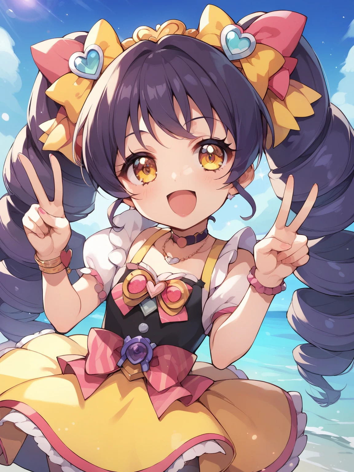 score_9, score_8_up, score_7_up, Source_Anime, ，STUNNING CUTE JAPANESE IDOL GIRL, WITH EXTRA LONG CURLED TWIN TAILS、STYLISH LIKE DRILL, CLASSIC BROWN PRINCESS FASHION, STYLISH MODERN FUSION, STANDING WITH A PEACE SIGN CLOSE TO YOUR FACE, BRIGHT IDOL POSE，glitter，fisheye lens:1.3，Pretty Cure style， Depth of Subject ，