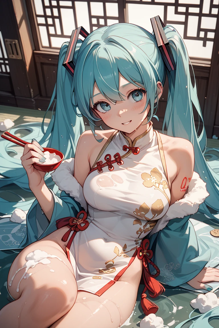 Blue Hair,blue eyes,Cat ears,girl,Girl,Small breasts,Long Hair,Twin tails,Lolita,Small breasts,Bright smile,Looks like 13 years old,Petan Musume,short,目のhighlight,Sexy thighs,Attractive thighs,Please show me your armpits,Your eyes are so beautiful,highlight,とても美しいhighlight,Chinese clothing,Chinese restaurant,Exposing the vagina,No underwear