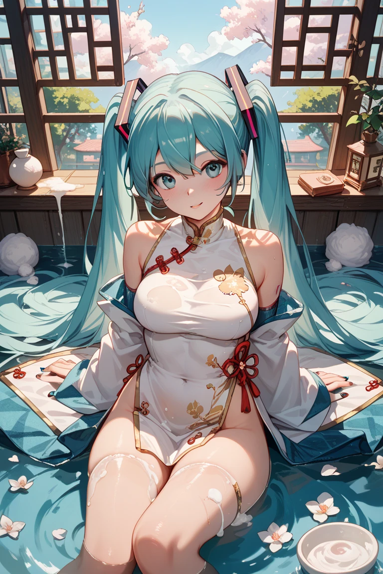 4k,hight resolution,One Woman,Bright blue hair,Short ponytail,huge tit,shrine maiden,White and blue priestess outfit,Pearl decoration,Seashell decoration,jewel decorations,Undersea background,under the water