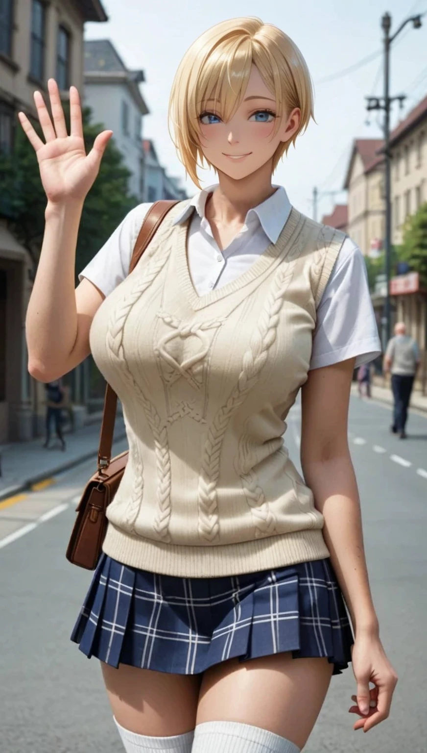 Character Focus、From above(school uniform:1.3), (Plain beige clothing around the waist:1.5), (West knot:1.3), (white collared-shirt:1.4), ((white collar, Unbutton, Short sleeve):1.2), (Red Plaid Pleated Skirt:1.3), ((necklace, Colorful Bracelets, ×Hair accessories):1.2),
Very detailed、(8k, RAW Photos, highest quality, masterpiece:1.2), (extremely detailed 8k wallpaper),shape、Professional Lighting,Sharp focus, Written boundary depth、
Browsing Caution、Clear Eyes、Perfect Anatomy、With a girl、15-year-old student、Black Gal(Dark Skin:1.2)、(Oily skin,Glowing Skin,Shiny skin,Sweat:1.2),smile、Plump thighs、Huge 、Fully exposed、Big Breasts,(gap between buttons:1.4)、Lift up your skirt、blue eyes、blonde、(Compensate:1.1)、(Black High Socks 1.6)、:1.6、Brown Loafers、sitting、((open legs:1.5))，On the street、Pastel colored pantiesが見えている、((Pastel colored panties))、((Shiny panties))、((Normal position:1.4))、(((Squatting pose)))，((I was made to sit with my legs open...))、cowgirl position, squatting, spread legs、, blazer,