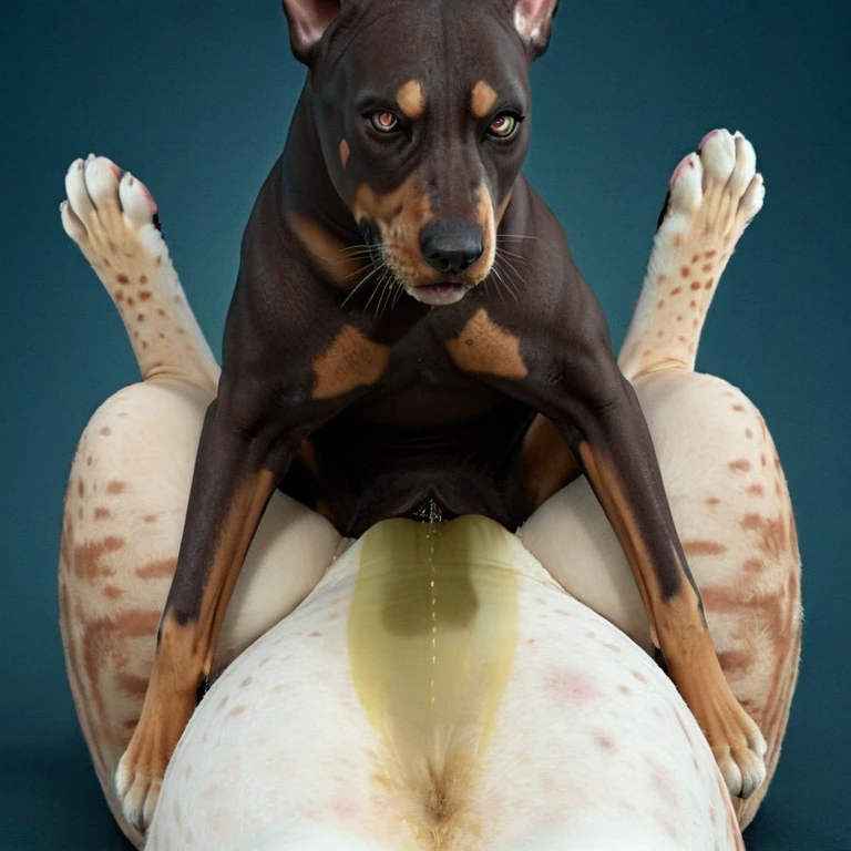 Masterpiece, best high quality, nice lighting, 4K, absurdres, full view, 1girl, solo, Cadpig, (big head), feral dalmatian, (thin small body), dog tail, floppy ears with white fur, black nose, blue collar, big grin, pinup, simple background, canine pussy, pussy juice, POV anal penetration, human penis , butt