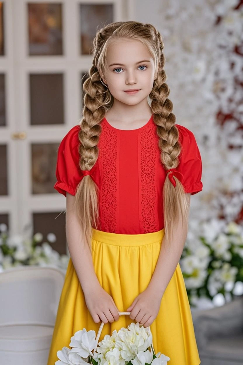 girl CHILD 10 years old, Russian blonde in braids, JAQUETA DE COURO AMARELA, VELAS VERMELHAS ACESAS.