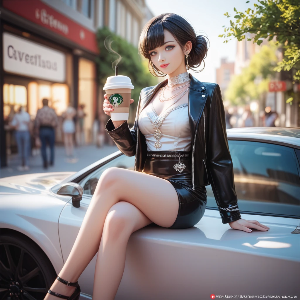 1Diva sitting in a car, mature female bangs tourmaline frange kunzite, pink blush kind smile jewelry, looking at viewer, car interior, solo, purple eyes, steering wheel, white shirt, off shoulder, black jacket, sleeves wrist scrunchie, (sitting on passenger seat), (stylish outfit), ultra_high-details ultra_high-quality ultra_high-definition ultra_high-resolution UnrealEngine5 ultra Cinematic_sunLight Epic tmasterpiece dynamic composition, ultra-professional photorealistic, ultra-detailed, large breasts BREAK holding a coffee cup BREAK (car indoors:1.2 deep path equirectangular) passenger seat (seatbelt:1.2), population glass "Heavy Metal" chrome extremely detailed, reflection, nsfw, nude, sex, naked, transparent, varies multi etc. --v6 --s1000 --c20 --q5 --chaos100