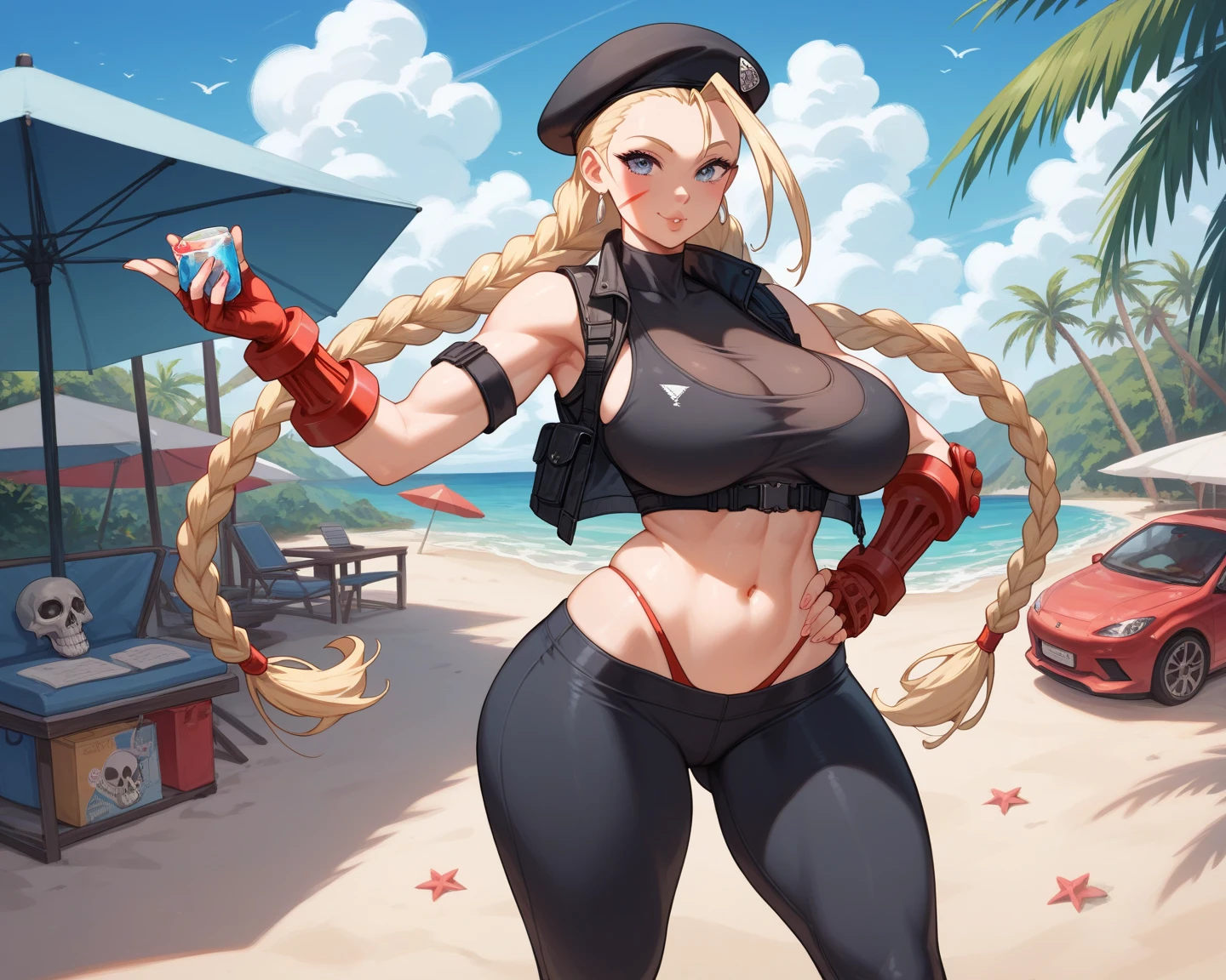 score_9,score_8_up,score_7_up,score_6_up ,source_overwatch score_9, score_8_up, score_7_up,  1woman, solo, mercy \(overwatch\), high quality, at beach, red swim bikini, red cappy, baywatch