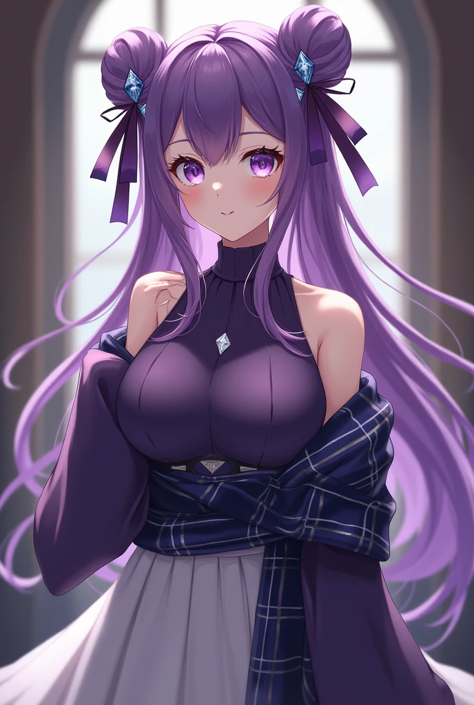 (((masterpiece))), HD 4k res image, no blur, aafern, long hair, purple hair, blunt bangs, purple eyes, large breasts, innocent, outdoor, wearing a black latex bodysuit, twintails, large breasts