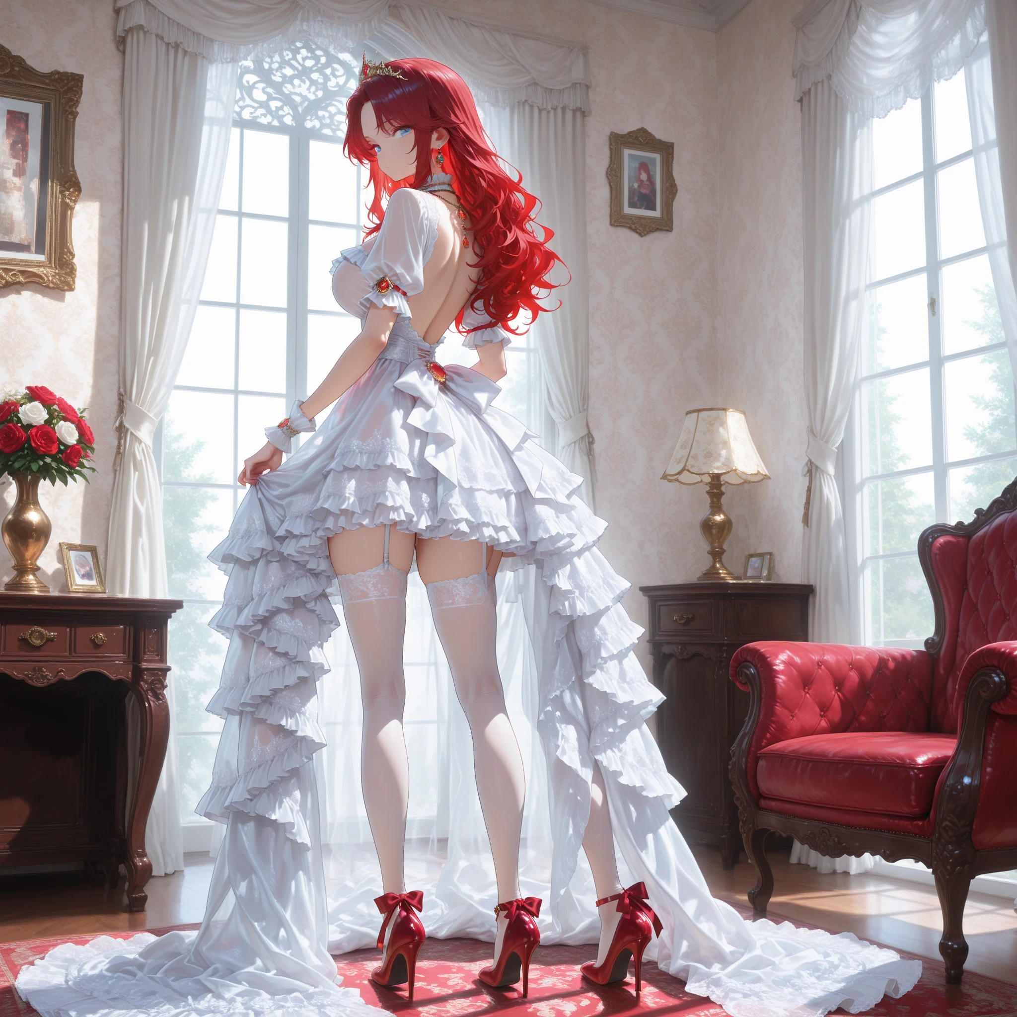 1 Girl, masterpiece, high resolution, Sonic edges_Rias_Grey Mory,Long red hair, ((????? back see-through wedding dress,big nipples, Room, bridal lingerie, Wedding theme))