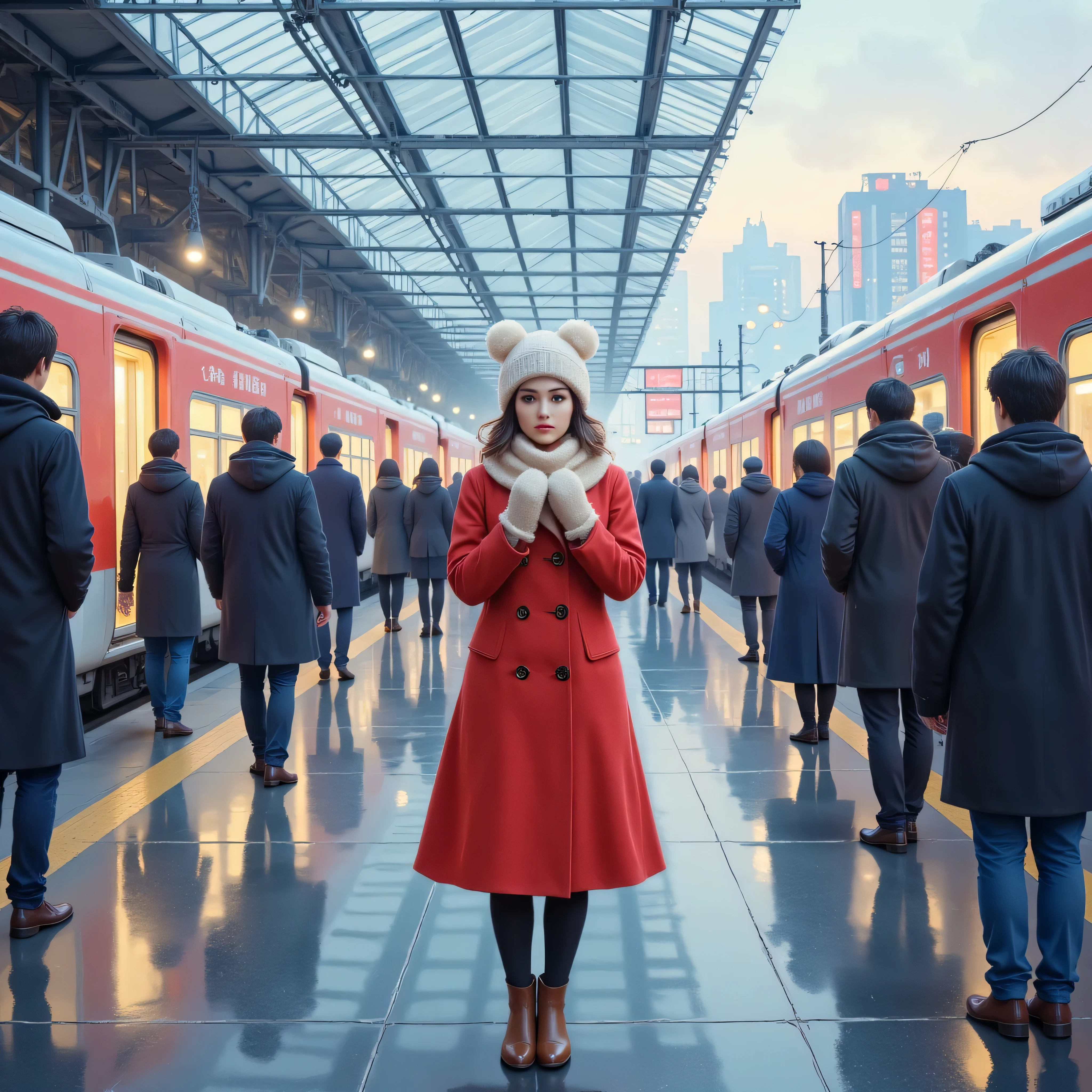 Arrival platform of a Shinkansen station, a woman waiting for her boyfriend to return home, red peacoat, mittens, white Russian hat, scarf, brown short boots, expression of expectation and anxiety