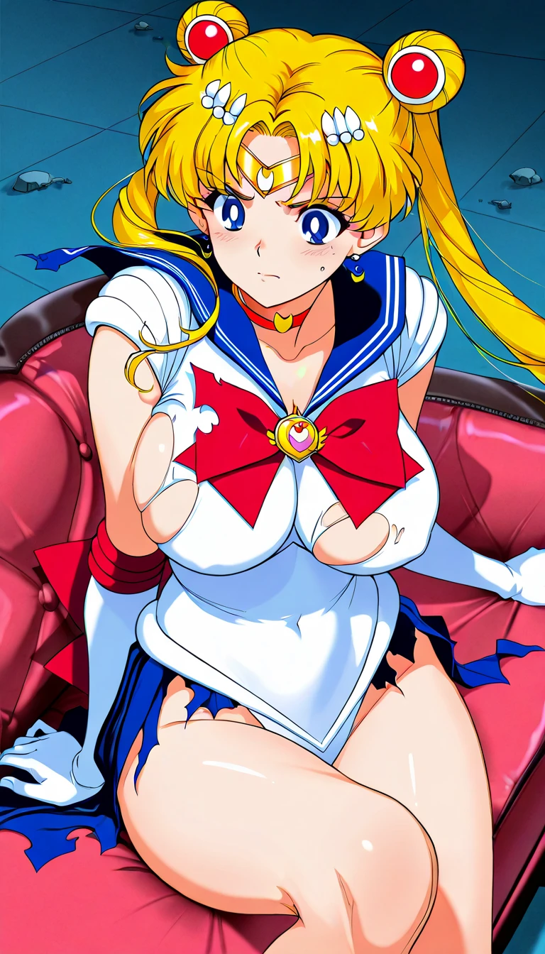 1990s \(style\), 1990s anime cels style, masterpiece, best quality, high resolution, (lying, on back), from front, large breasts, 1girl, solo, MinakoAino, bangs, perspective, pussy, ass, pussy focus, stomach, navel, legs up, spread legs, kneepits, nipples, looking at viewer, looking down, folded, ((no pants)), pussy juice, sweat, blush, embarrassed, smile, (sailor Venus ,hair bow, elbow gloves, neck ribbon, bangs, long hair, circlet, jewelry, flower earrings, orange sailor collar), (embarrassed), orange skirt