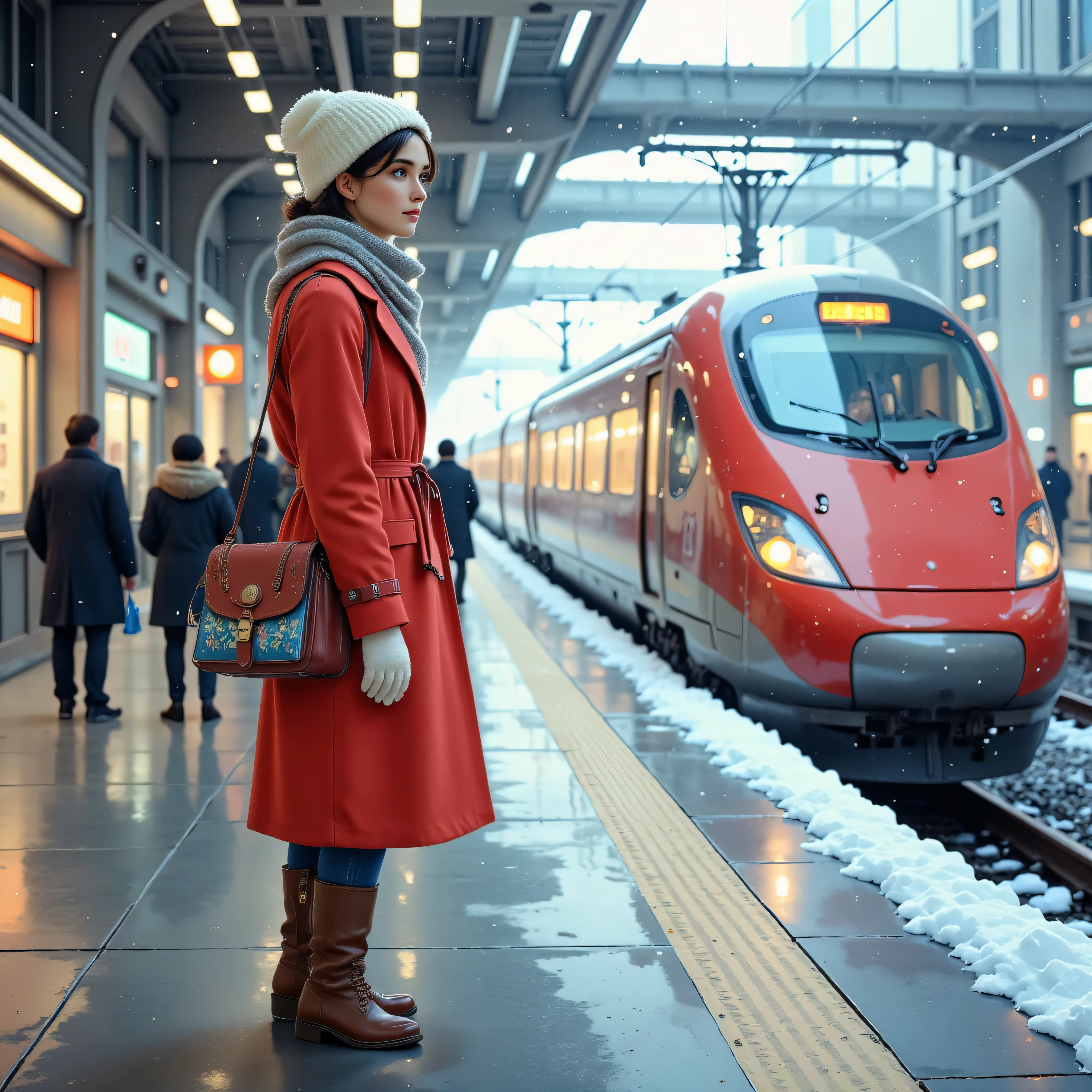 Arrival platform of a Shinkansen station, a woman walking in station waiting for her boyfriend, red peacoat, mittens, white Russian hat, scarf, brown short boots, expression of expectation and anxiety