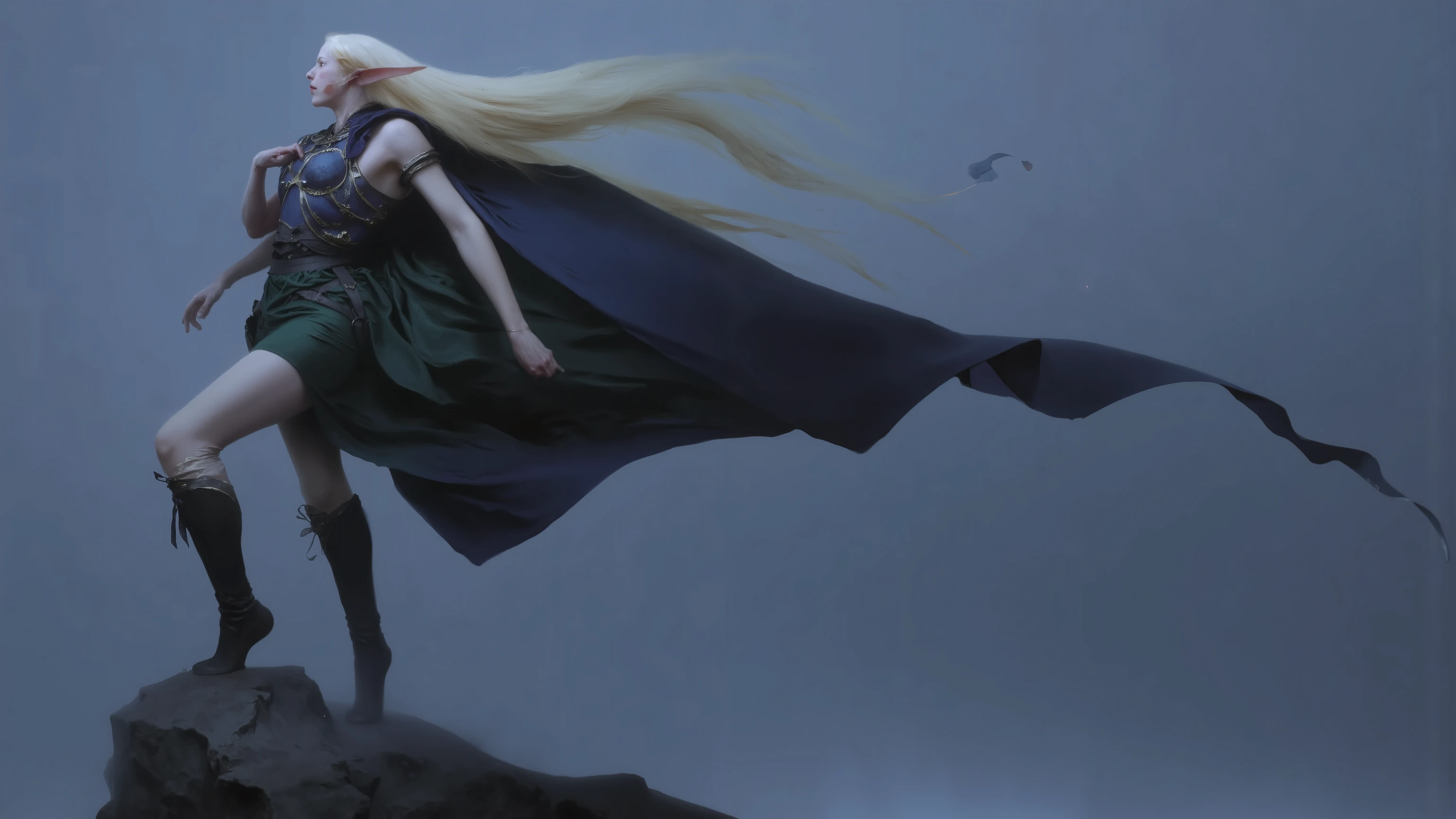 by Piotr Jabłoński.night,full-body side portrait of a high-ranking elf woman,She has long light blond hair,fluttering to the side in the wind,Close eyes,The expression is calm and melancholy。She was wearing dark blue elf style armor with gold trim,and wore a green off-the-shoulder cotton and linen skirt。Blue-gray sky。and stood on a rock with one leg,The other leg is slightly bent,as if it had just landed slowly from the air,She has a fair complexion,Ears are slender and sharp,Soft and delicate features。Inspired by《The Battle of Rhode Island》In Deedlit,
Medium focus lens(Approximately 50mm),Side close-up,The background is a foggy gray sky,light is soft,Her hair in the wind forms a sense of fluidity。style is a romantic fantasy Japanese animation,Elegant atmosphere、Ethereal,Emotional restraint and serenity,Film composition ,Movie lighting ,