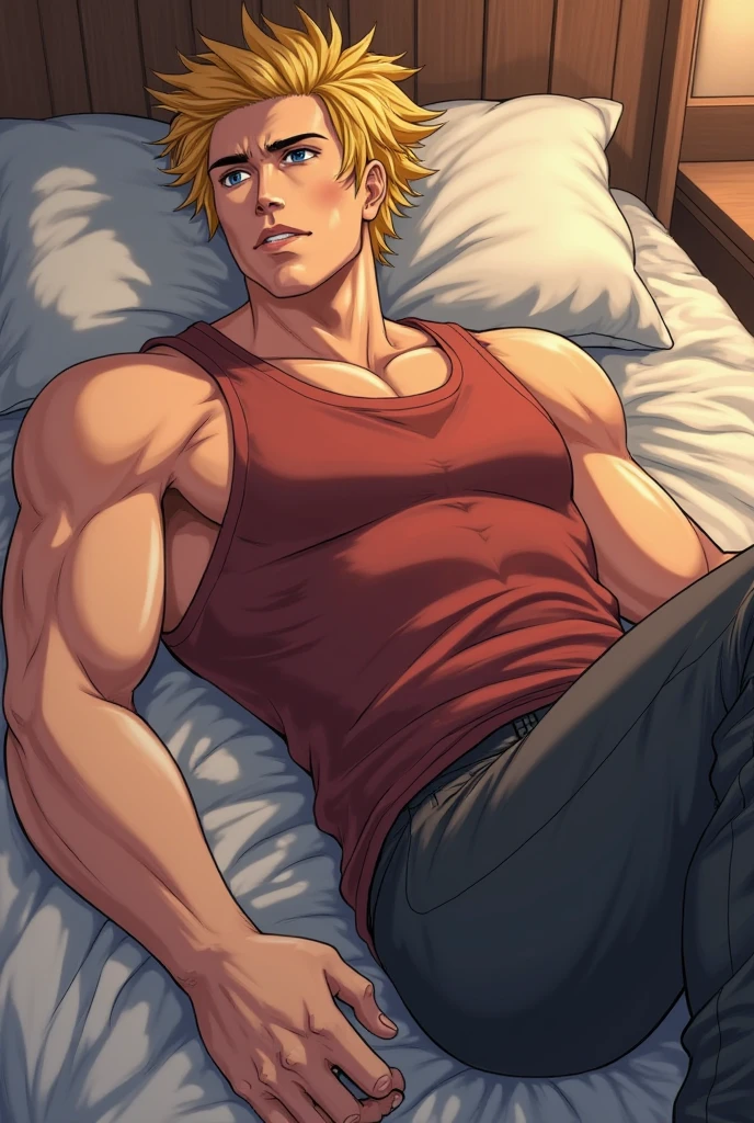 A muscular teen male with auburn shaggy hair and a tight ish red sweatervest deep v neck with pecs. Camper 1980s