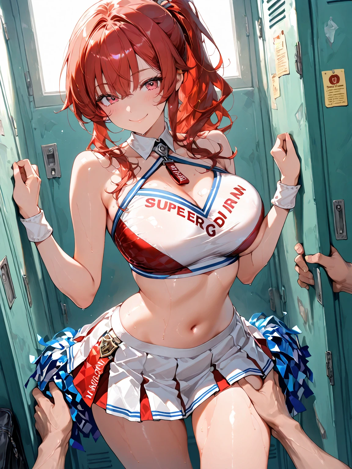 [1girl, nice nature \(run&win\) \(umamusume\), umamusume], (goblin slayer!), (throw_hand, pink vibrator remote switch in throw_hand, throw:1.2), Highest quality, Super detailed, masterpiece, Ultra-high resolution, 8K, Ridiculous, Cowboy Shooting, Blurred, Focus on the girl, Embarrassing, blush, Lovely, Open your mouth, What saliva leaves behind, Wet skirt hem, (Sticky panties:1.1), Bulging of the vibrator cord, Vibrator with Garters, (cleavage), Classroom Background, The skirt is accidentally exposed,(large breasts), (crop top navel), (waist line), Accidentally exposed panties