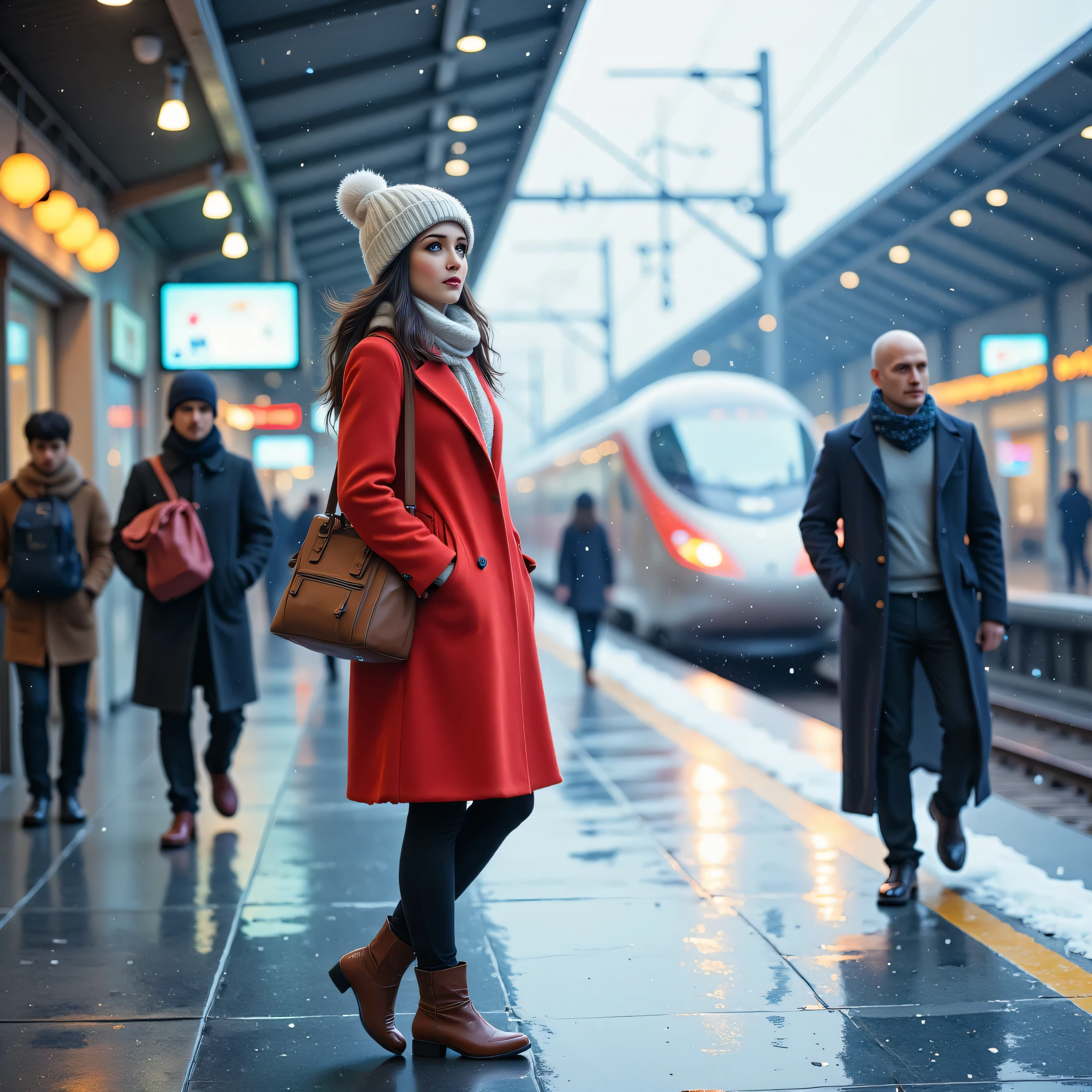 Arrival platform of a Shinkansen station, a woman walking in station waiting for her boyfriend, red peacoat, mittens, white Russian hat, scarf, brown short boots, expression of expectation and anxiety