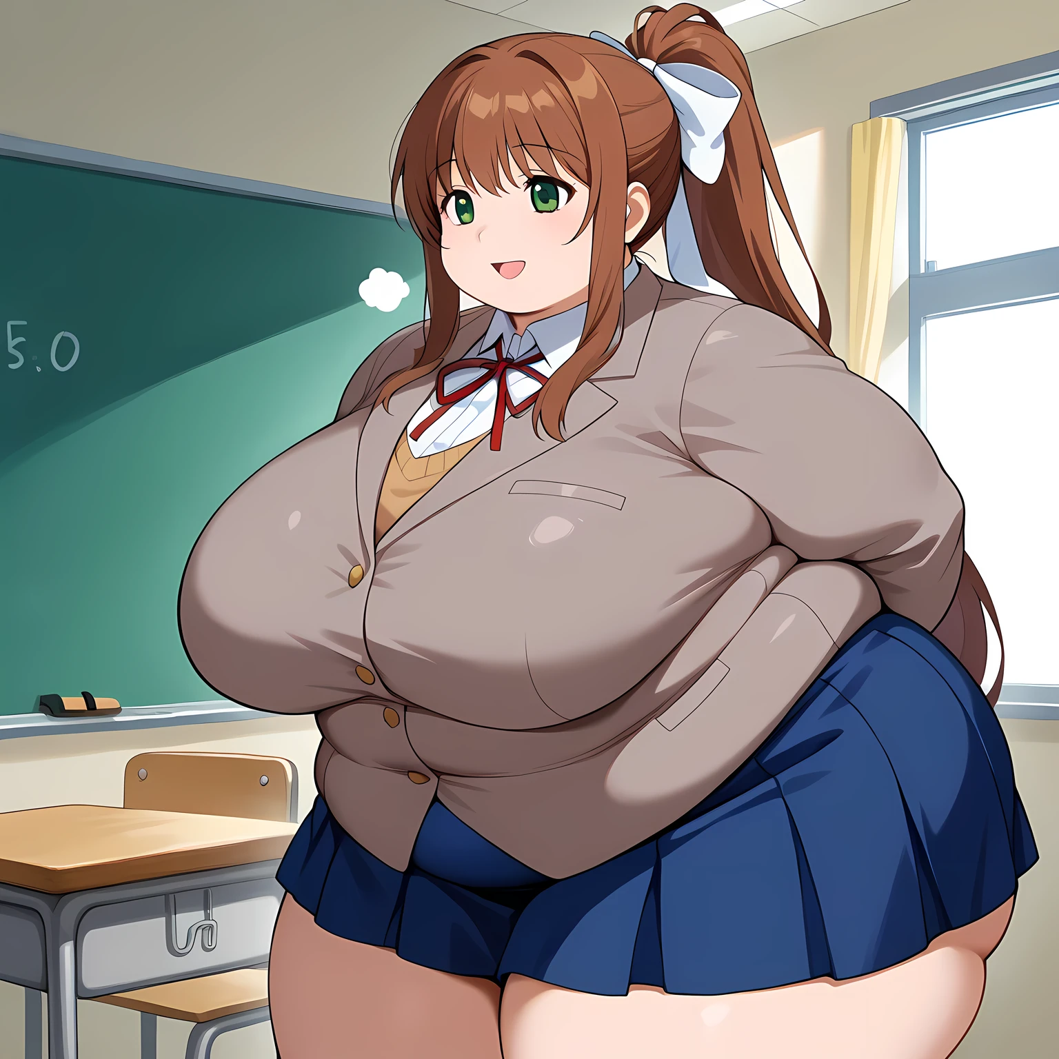 High-school uniform, high-school girl, giant breasts, extremely thick thighs