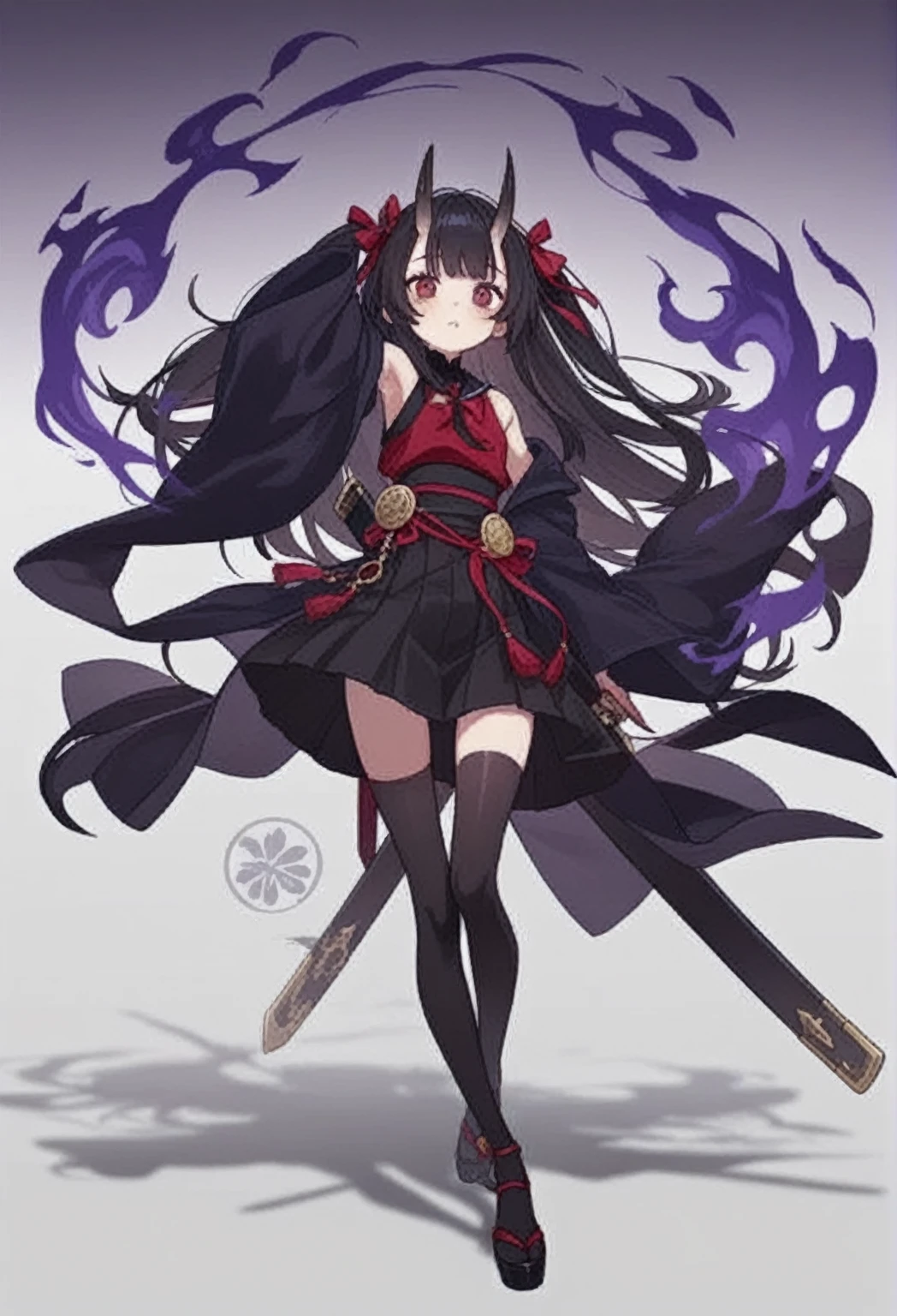 [(Detailed Background:1.4)::5],original,(figure:1.1),(Highest quality),(Tabletop:1.1),(Highly detailed CG 8K wallpaper:1.1), (colorful:0.9),(Mid Shot:0.95),(very detailed beautiful whole body),Ear covering accessories、Standing in the Wilderness, (girl),(((Adult))), (Beautiful eyes in every detail:1.15), (Beautiful Face:1.15), (Glowing red eyes:1.25////),(Black Hair),Pale skin，Pink Eyes，Red Bow，Amaryllis，((Wicked Smile))，Crystal Earrings，raven feather skirt,whole body,Wearing shrine maiden clothes and knee socks,((Long black hair)),Long black hair,