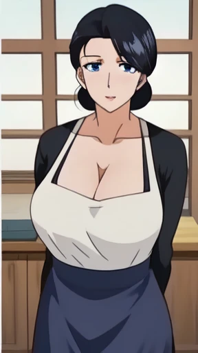 midoriya inko, green hair, short hair, short ponytail, green eyes, huge breasts, curvy, plump, waist apron, cooking, kitchen setting, nsfw, nudity, looking at viewer, slutty, hanging breasts, smile, sagging breasts, drooping breasts, facing viewer, exposed nipples, cleavage, exposed midriff, frilly apron