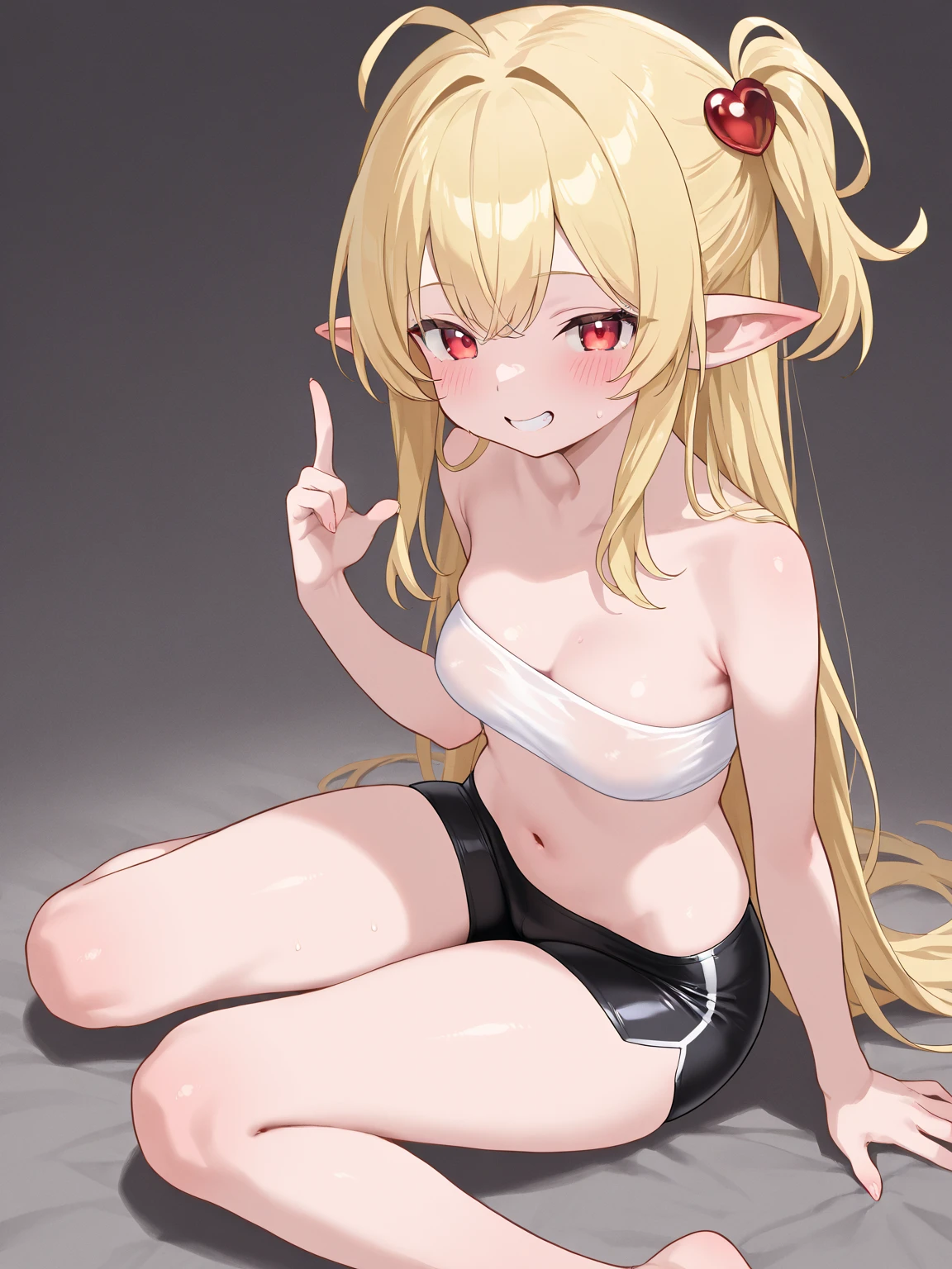 (muste piece), (best quality), (score_9, score_8_up, score_7_up), very detailed eyes, expressive eyes, perfect face, very detailed face, highly detailed face, beautiful girl, 8K, beautiful girl, white background, delicate and beautiful face and eyes, dark intense shadow, 
1 girl, vtuber style, cool girl, hololive, Shiranui Flare, Elf ears, blond hair, dark skin, mini bikini, front-tie bikini top, soaked T-shirt, big chest, Cleavage, cropped shoulders, clavicle, cameltoe, wet body, wet hair, one eye close winking, smile, body visible through clothes, chest visible through clothes, ass visible through thighs, (full body), barefoot, naked thighs, sitting, open legs wide,
