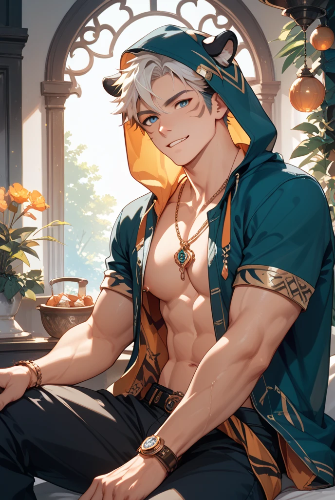 Illustration style、Blonde Medium、Hairstyle is half up、Brown skin、well-muscled、tall、A man in his 20s、The expression is a smile