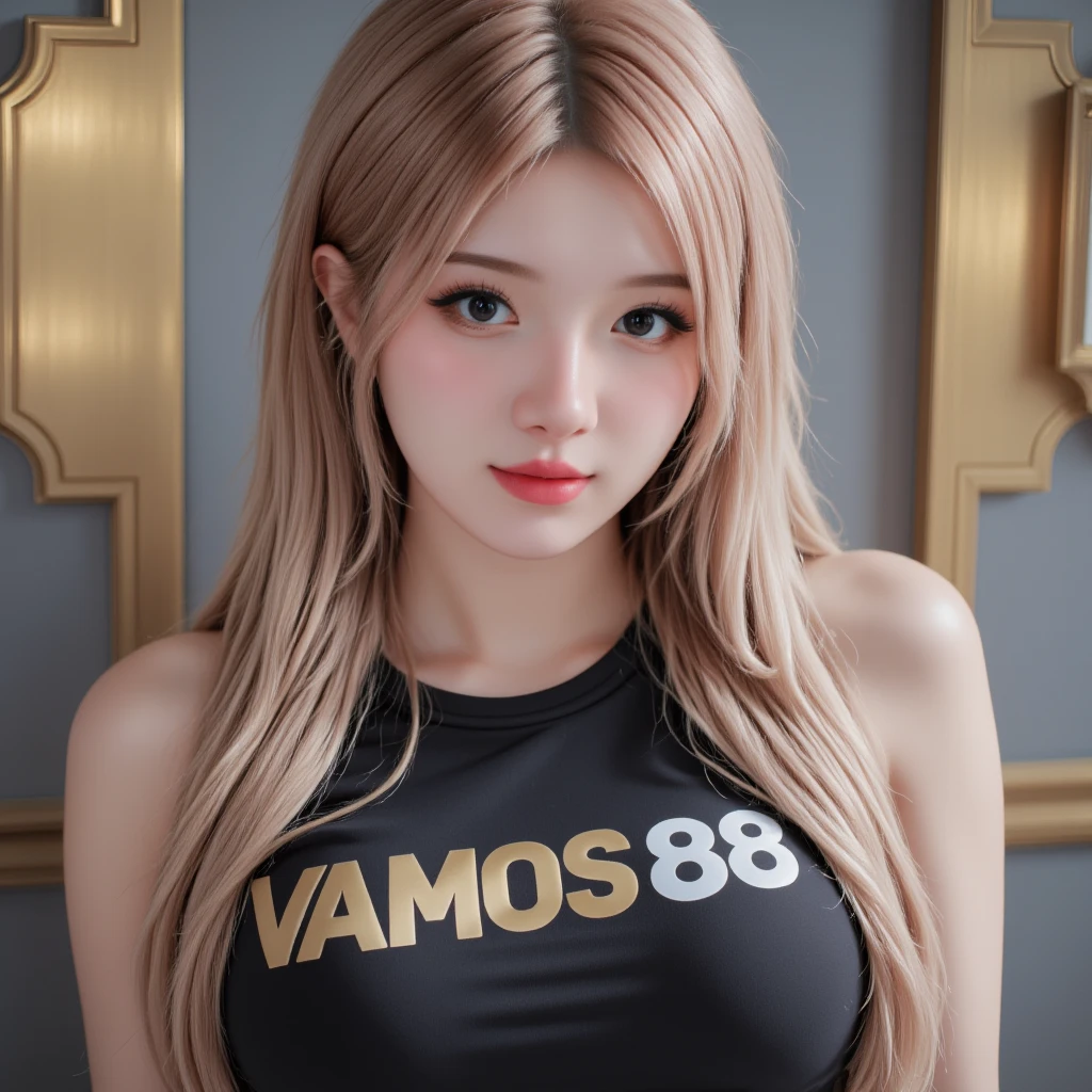 (1girl),large breasts, breasts, tan, dewy skin, sweaty skin, wavy blonde hair, punk tshirt, punk girl