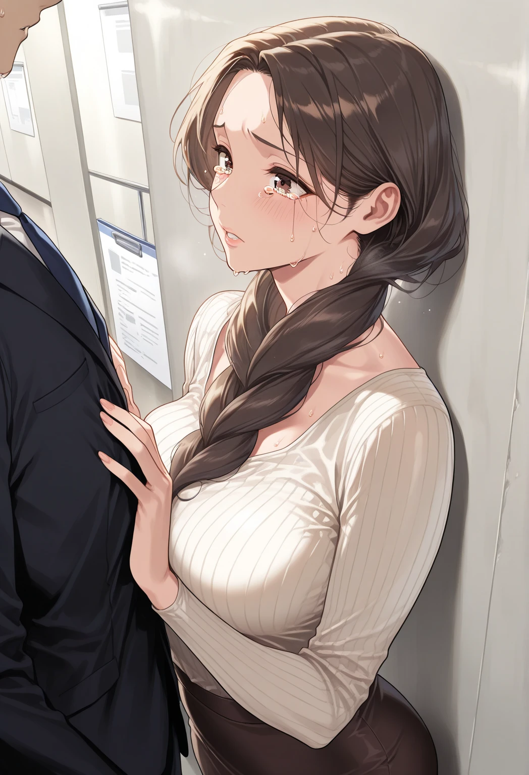 (best quality), 1girl and 1boy, (kabedon pov:1.3), ultra-detailed, illustration, masterpiece, aichan, beautiful detailed eyes, short brown hair, side braid, white shirt, black pleated skirt, blush, large breasts, school, glossy lips, lips parted, collarbone