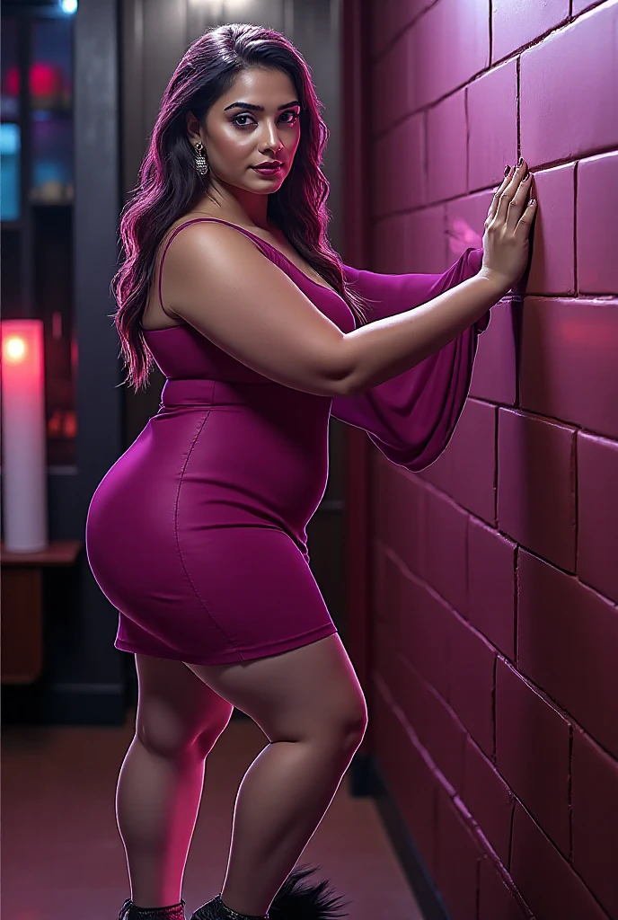 Masterpiece, Highest Quality, Ultra Fine, Highest Resolution, 32K Quality, Dynamic, (Obese: 1.2), (Super Curvy: 1.5), Korean Female, (Red Slicked Back Long Hair), Smiling, Purple Stringless Tube Top Dress, Teardrop Earrings and Necklace, Holding a Height-Length Baton, Holding a Talisman, Purple High Heels, Full Body Shot, (Fire Background),