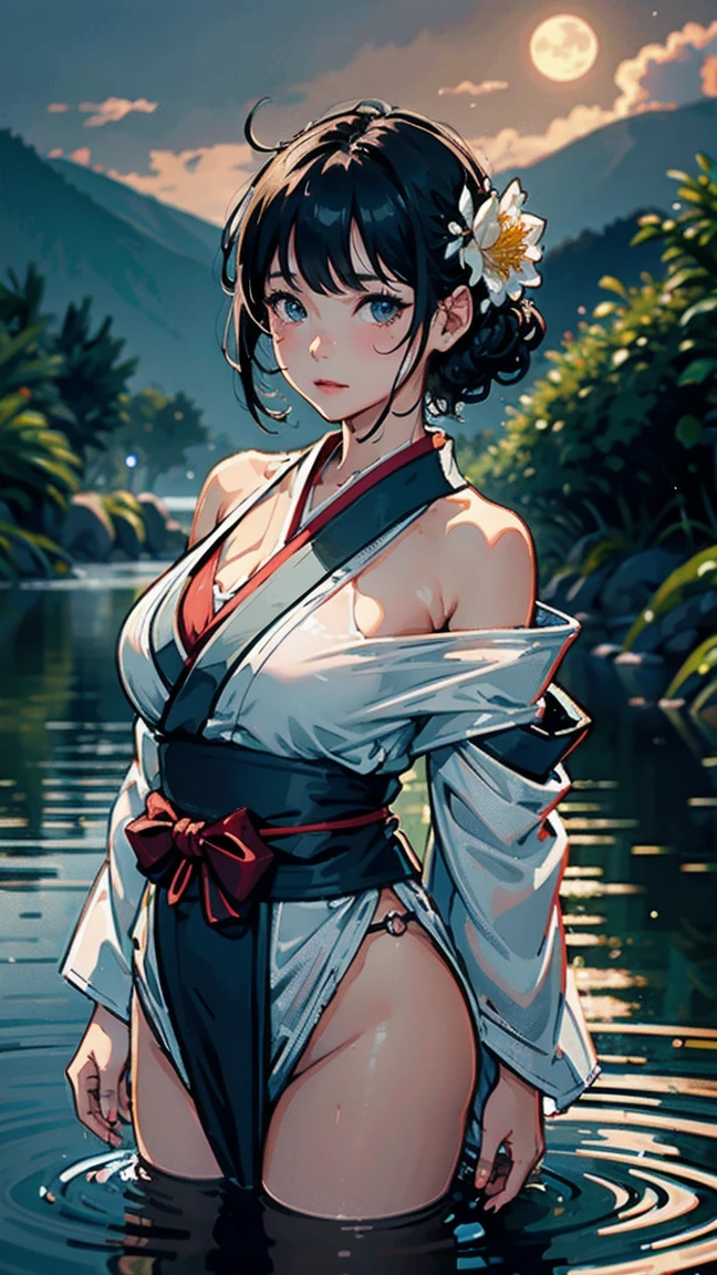 extremely detailed body,girl,woman,female,mature,30 years old,long hair,bangs,streaked hair,black hair,shiny hair,beautiful detailed cold face,cold smile,bright pupils,bare_shoulders,medium_breasts,(red eyes),hair_flower, kimono,((no underwear)),Lots of piercings,(spread legs),night,(pond),Grass is growing in the foreground,beautiful detailed sky,moon,cold light, bokeh,(((Watercolor Techniques))),wet,Unreal Engine,digital art,extremely detailed CG unity 8k wallpaper,