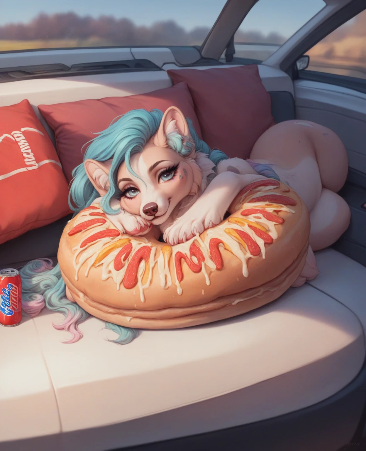 score_9,score_8_up,score_7_up, source_furry, ((roxanne wolf from fnaf)), white hair with green highlight, yellow eyes, grey wolf, cute feet paws, 4 toes, wearing an oversized red t shirt, black panties, one exposed shoulder, indoors in a living room, sexy pose, thick thighs, lounging on a couch, bored expression, one eyebrow raised, looking away, holding and eating a large slice of cheesy pizza, legs spread