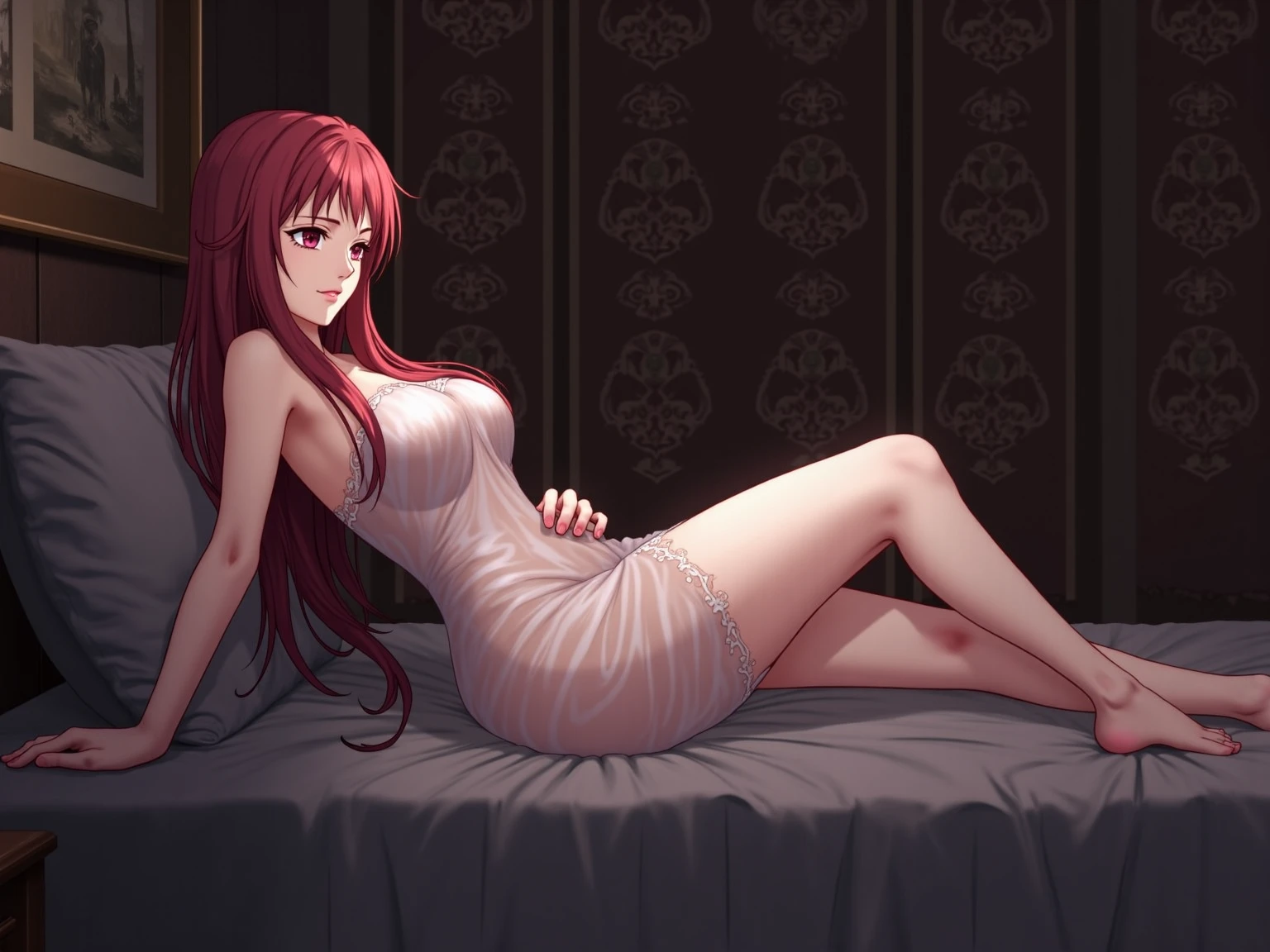 Full body picture of 1 girl: Erza Scarlet, smiling, laying down in bed wearing Rin Tohsaka outfit, in a room with huge church-like windows at night, ultra realistic, top quality, sexy picture