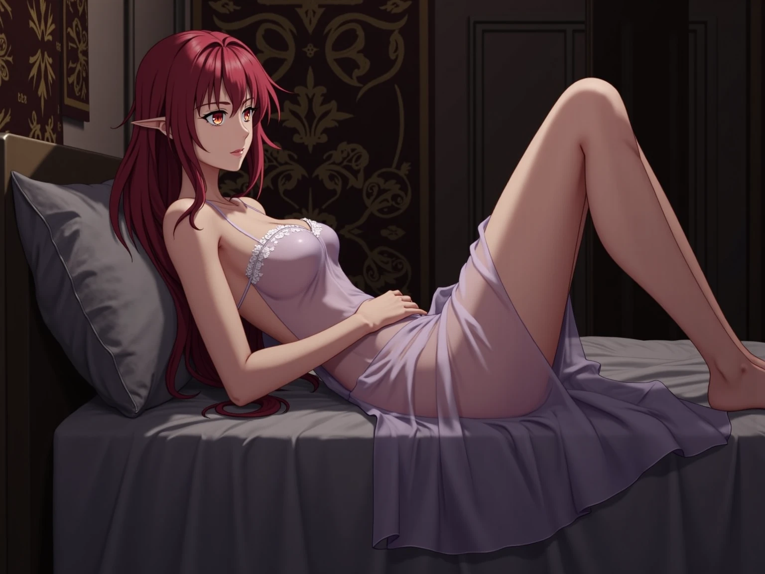 girl with long red hair and striking blue eyes lies on a bed, as if just waking up from a peaceful slumber. She wears a stylish black necklace around her neck and sexy pose