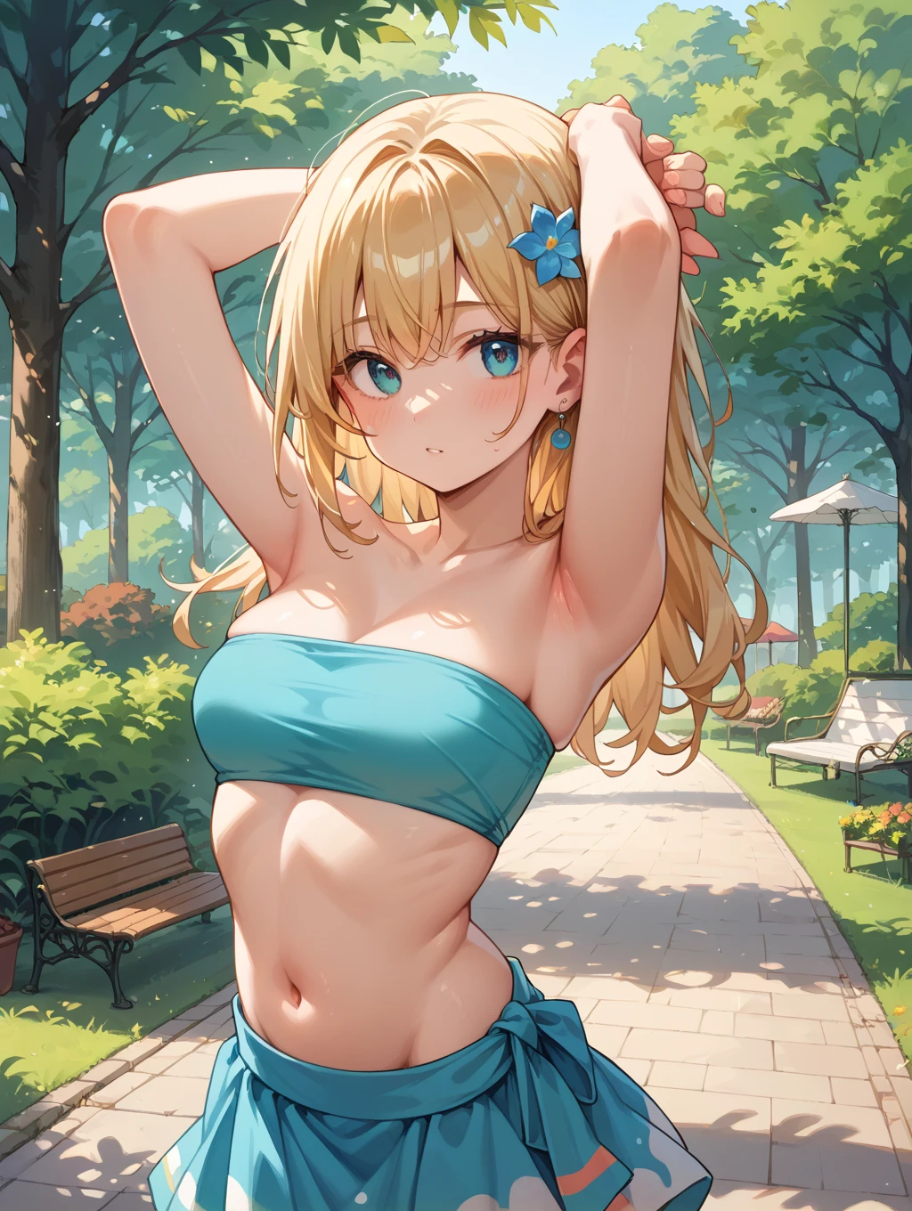 masterpiece, best quality, extremely detailed, Girl, blonde, smiling, (((bikini made of green leaves))), walking in nature,