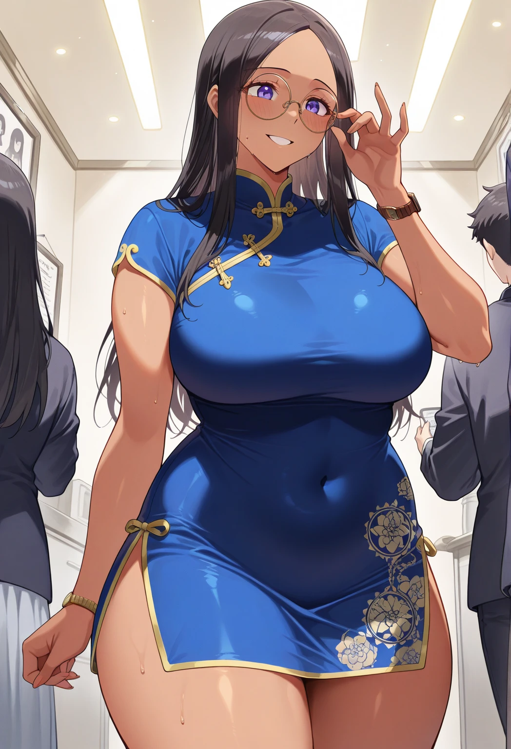 official art,anime screen cap、Super thin illustration、 High resolution, muste piece, best quality,best quality,high quality, detailed, thighs, Foots,  (brown hair、bob cut:1.2)、 shiny hair, (Chinese style dress cosplay uniform suit), cool pose, (厚いthighs、big ass、very huge breasts:1.5),(((bar)))、grinning grin、ultra fine painting, (best quality, In 4K, 8K, High resolution, muste piece:1.2),hair band