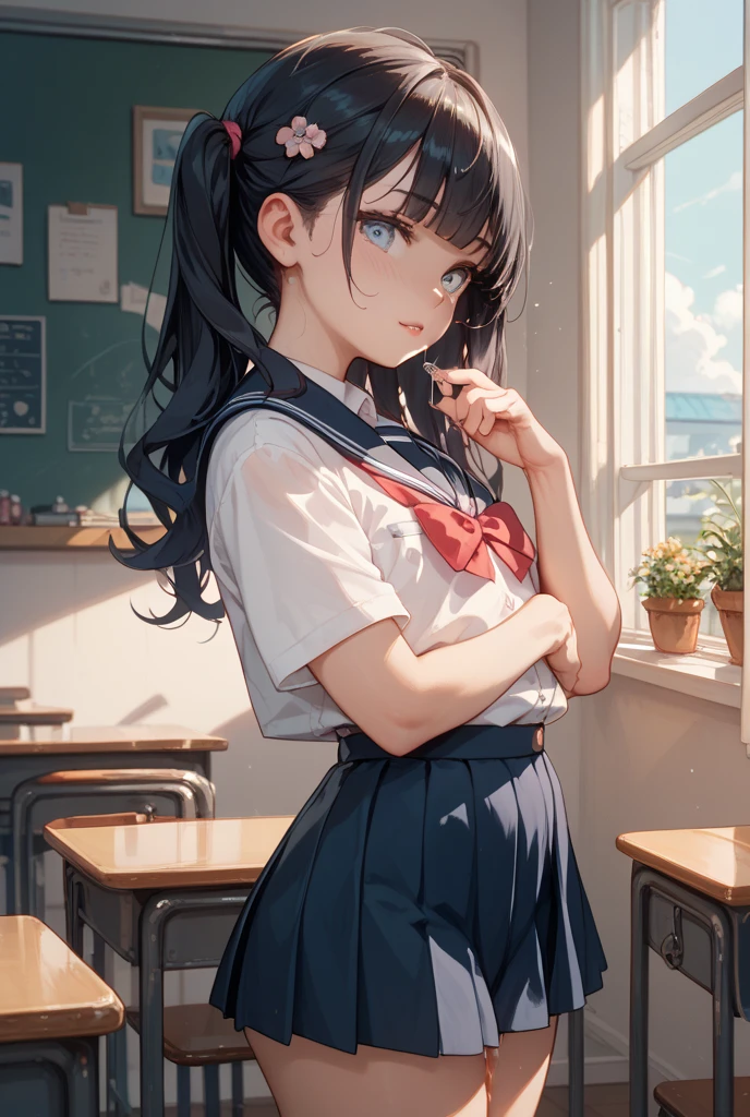 kne,(child),(masterpiece,Highest Quality),shortsleeves,Dark blue pleated skirt,A dark-haired,long pony tail,Summer Classroom