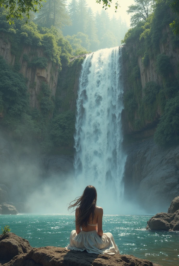 An image where there is a mountain with a waterfall and that mountain is reflected by an indigenous girl who is her protector