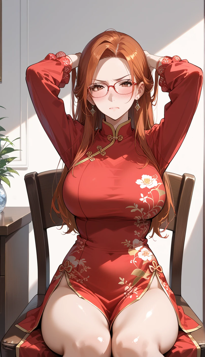 Cute sexy nervous woman with thick long messy curly red hair with glasses with tattoo blushing with bright earrings with thick thighs and big chest in a sexy dress holding flowers with butt out winking acting shy and embarrassed blushing