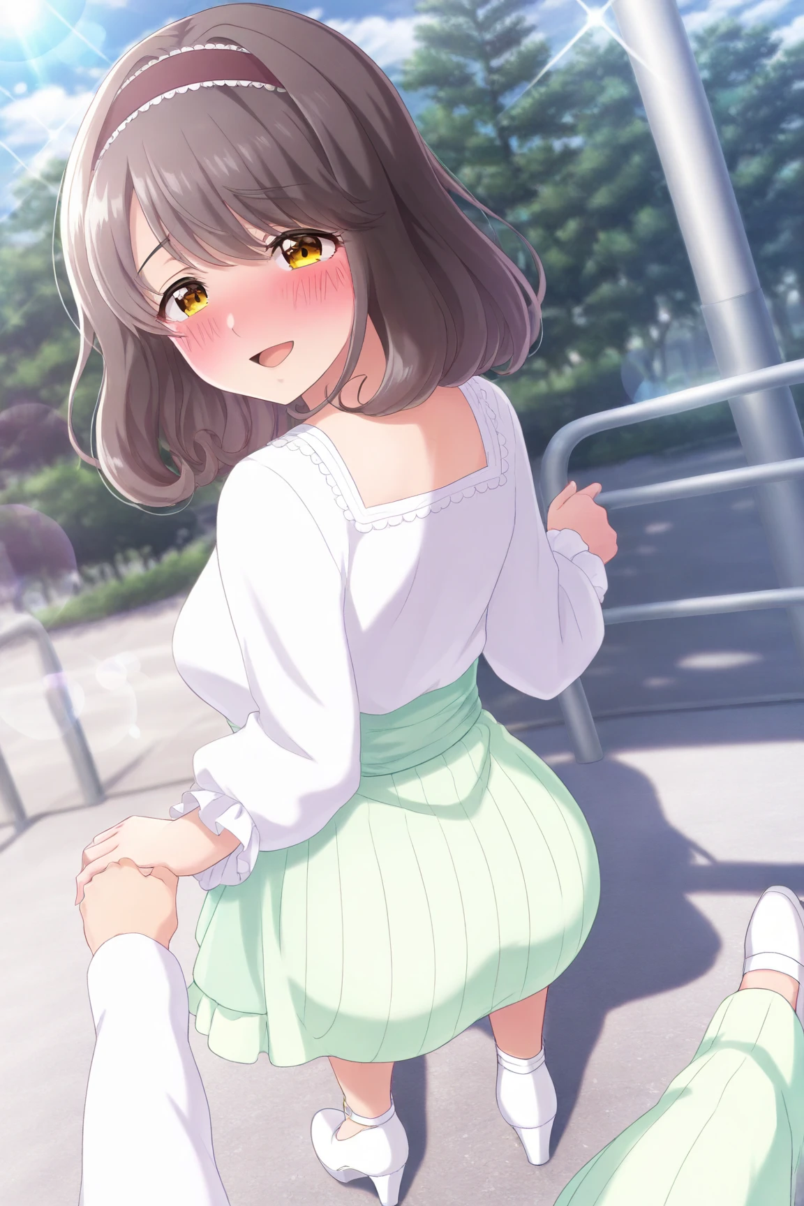 (best quality:0.8) perfect anime illustration, a pretty, happy woman with short curly brown hair on the street in the city, wearing a hoodie, skirt, round butt, backside, white underwear