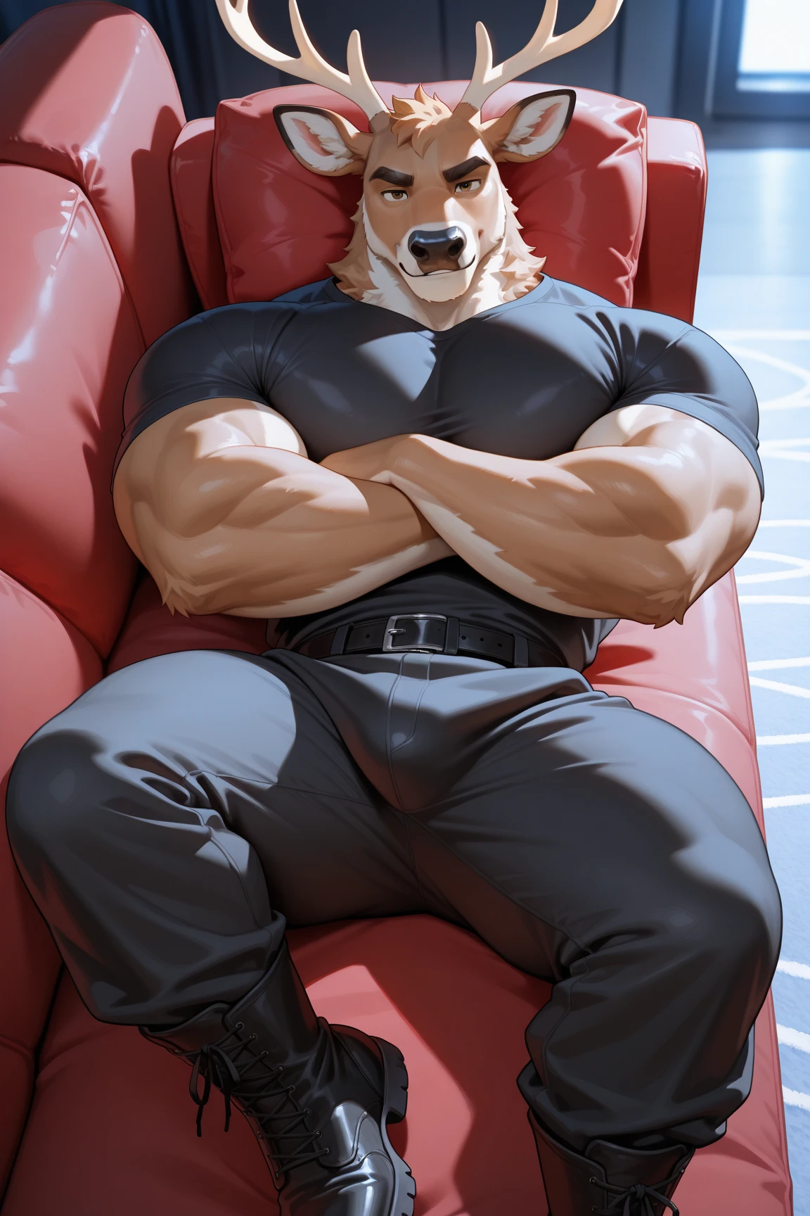 Male furry, in the form of a white wolf anthro, sits alone on a couch, deep in thought. His piercing blue eyes, exaggerated by the goggles on his head, are fixated on an unseen object next to him. His muscular physique is on full display, with the white fur covering his abs and producing a detailed bulge at his midsection, emphasized by the 1.3x magnification. The sunlight filtering through the window casts soft, natural lighting over the scene, but the overall atmosphere is nevertheless dramatic, capturing the tension and seriousness of the moment. This EasyMasterpiece comes to life under the passionate brushstrokes of an artist, immortal