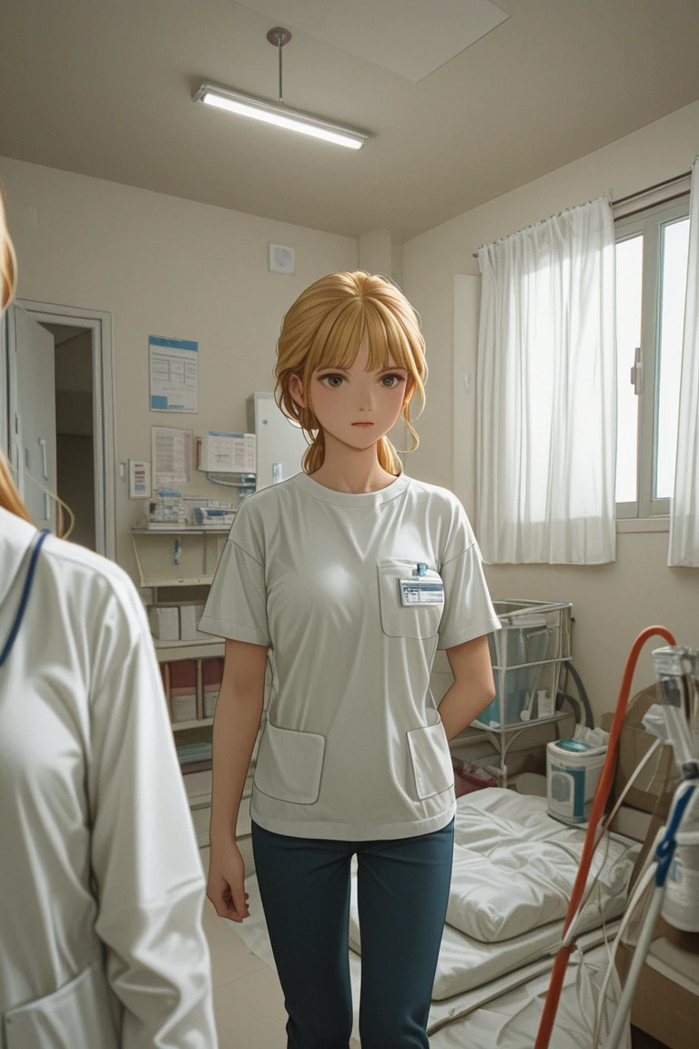 from above,close up, lab coat, evil smile, cigarette, white blouse, black skinny pants, lab coat open, stethoscope around neck, blond wave hair, bob cut, short hair, blue eyes, patient interaction, holding cigarette, holding stethoscope, clinic exam room, patient bed, medical equipment, quiet town outside window