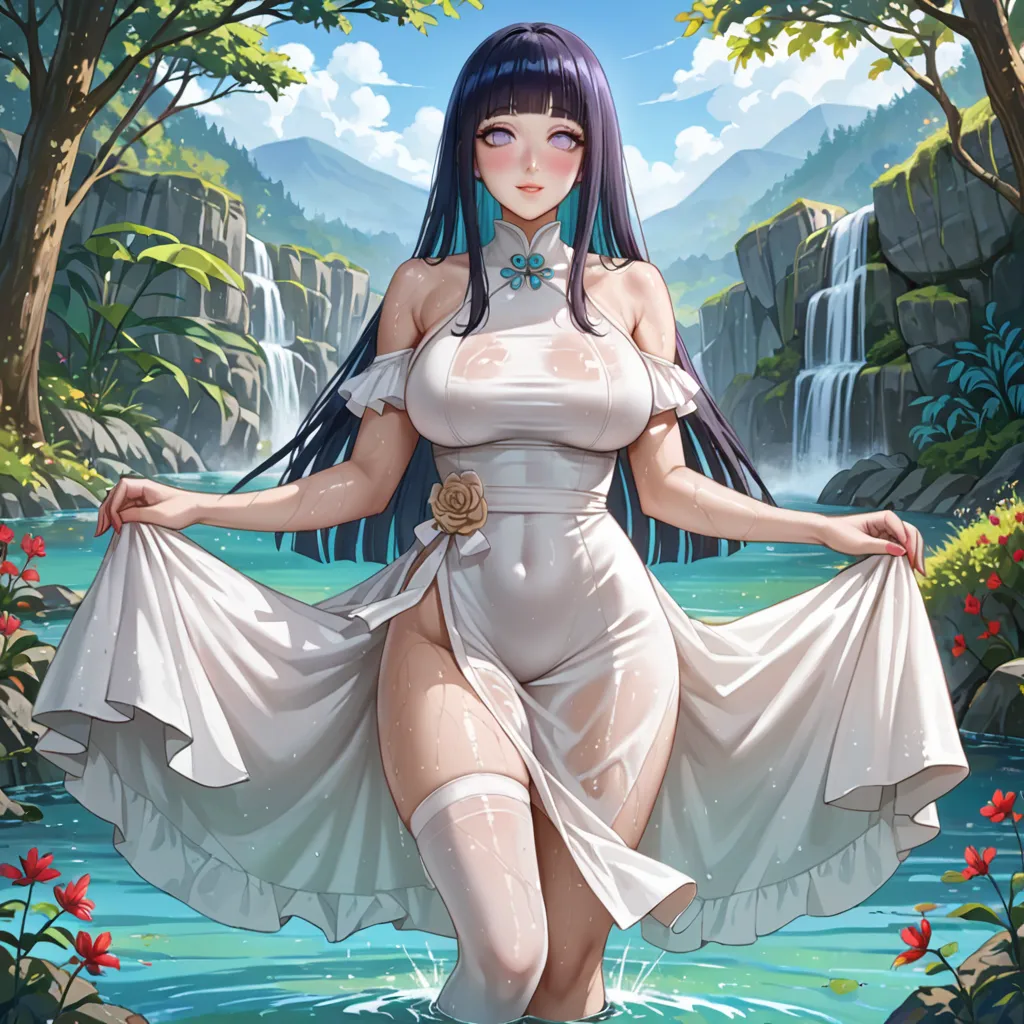 "Moonlit priestess, tropical oasis, magical pond, nocturnal mysteries, ethereal enchantment"