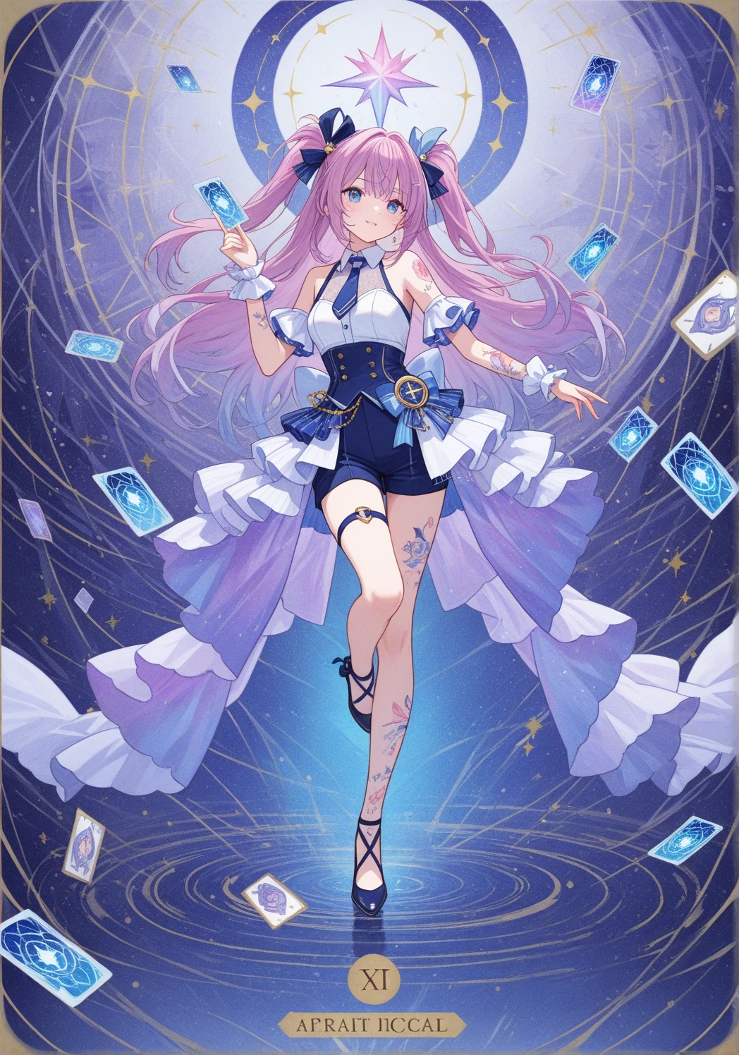 In the classroom,Beautiful Girls' High School,Brightly colored curls,Large, Bright round eyes,Clear blue eyes,Reddening cheeks,Flushing,White dress in minimalist style,Blue bow belt,Pink straw hat and blue ribbon,Pink leather shoes and cartoon animal motif,Holding a book in his hand,Smart and curious eyes,Elegant posture and confident smile sweet、Lovely and young atmosphere,Wearing a cute bracelet,pendant,choker necklace,head gear。Wear over-the-knee socks,Leg socks,athletic sneakers。Falling debris and paper。Masterpiece, Best quality, HD, 8K, A high resolution, Super resolution,