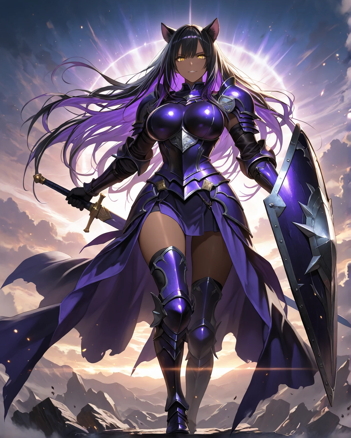masterpiece, best quality, anime girl, outstading and shiny armor, high detailed, imponence position, energizing sword, medium dark hair, purple eyes, view from below, background of blury castle, god-ish lights, glowing aura, dusty wind from floor, realistic ilumination.