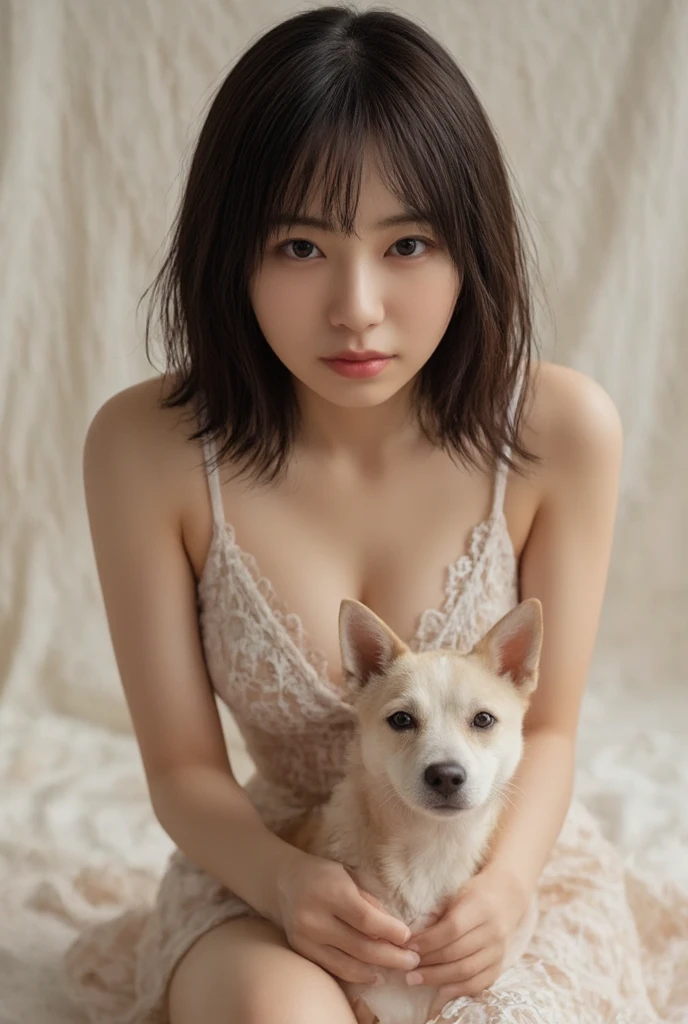 NSFW,harf nude,nipple,wolf cut hair, Japanese school girl,smile