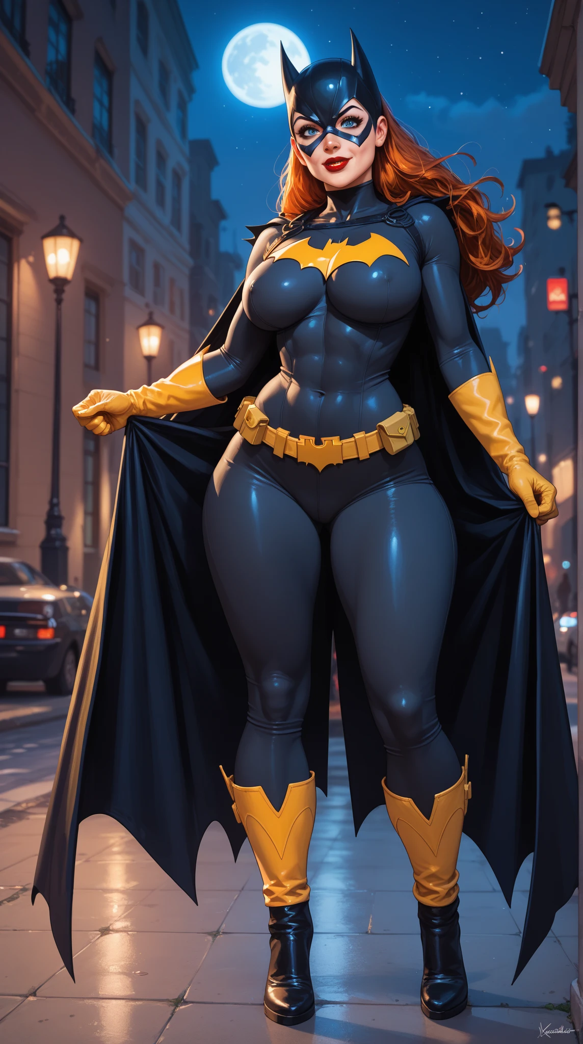 (PrincessPeach), (black batman outfit), (big breasts:1.4), outdoor, city landscape, full body, (realistic:1.2), (realism), (masterpiece:1.2), (best quality), (ultra detailed),(8k, 4k, intricate),, pink lips, ((glossy lips)), pursed lips, (sexy outfit), short skirt