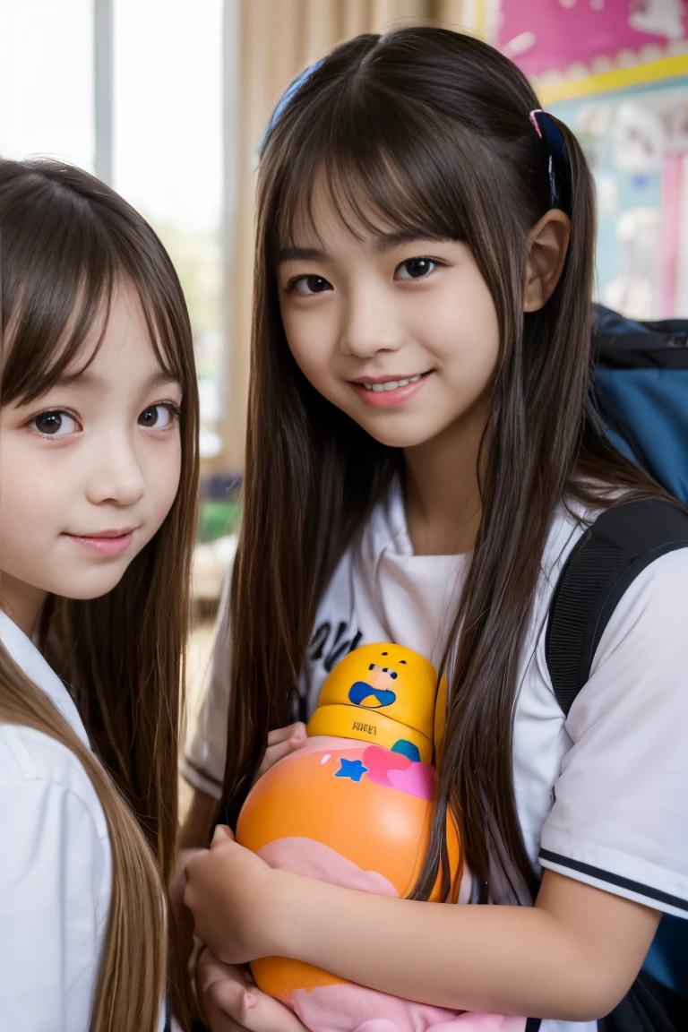 high school gym, petite slim teenage girls in volleyball shorts, innocent faces, primary school age, perfect faces, young teens, mouth wide open licking vanilla ice cream cone, eyes looking at camera, long pigtail hair, detail, ultra realistic, 8k, kneeling down, vanilla ice cream on mouth