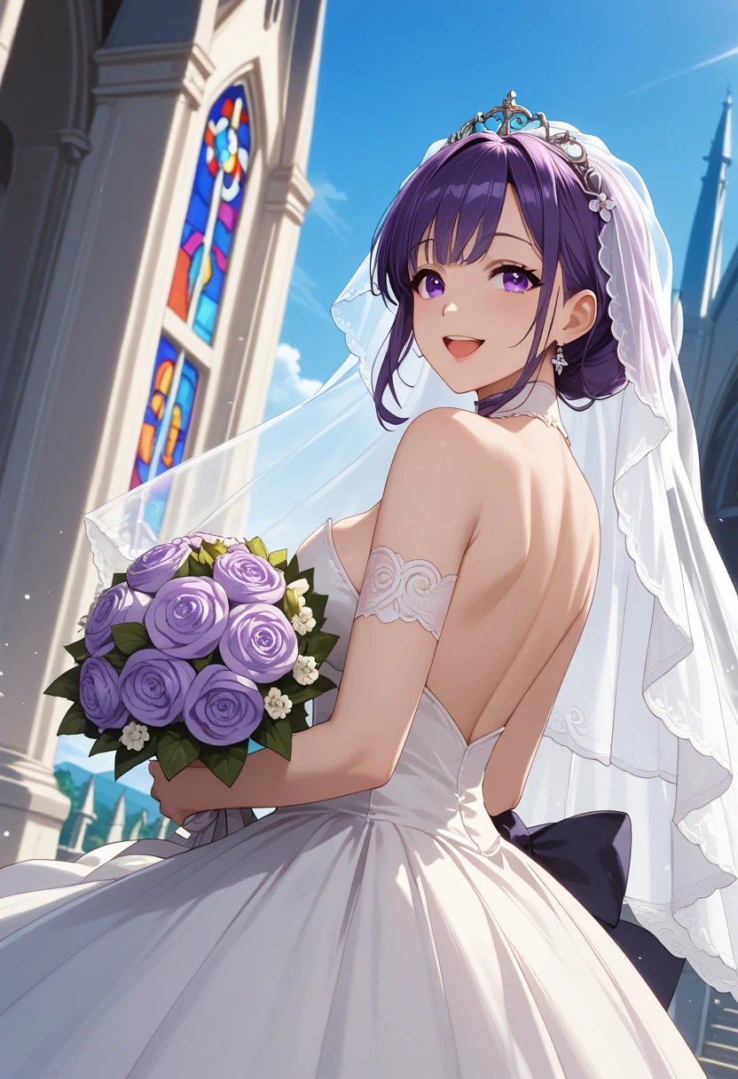 (masterpiece, best quality:1.5), (ultra detailed, high resolution, 8k, beautiful detailed, UHD, best anatomy), 1 cute girl, purple hair, medium breasts, wedding dress, bridal veil, flower, wedding hall, Happy face