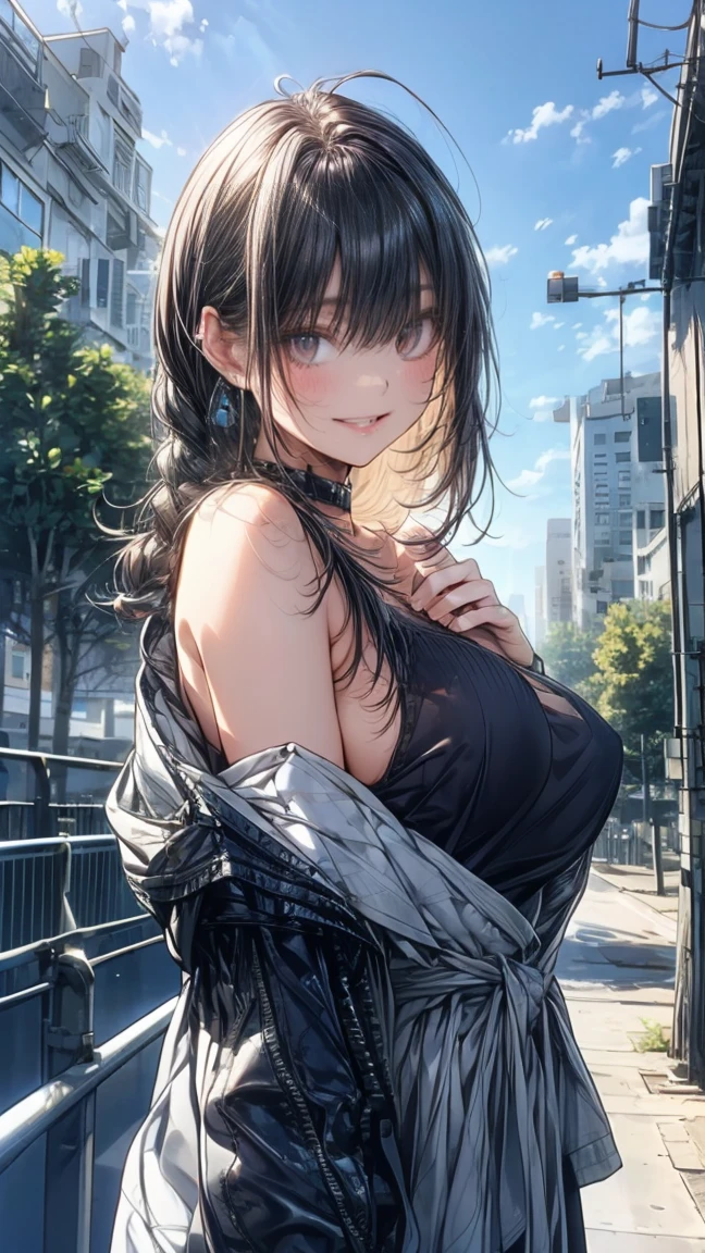 Attractive 25 year old woman, one person, (((so beautiful 25 year old woman))), cute、If you look at this､ Adult female, Curved body, Thick body,  A voluptuous figure and especially large breasts, DD size breasts, Her body remains well-proportioned and attractive even in middle age., Detailed face､Detailed body､So cute face, Glossy Lips, Double eyelids on both eyes,Natural Face、Natural Makeup, Long eyelashes, Shiny and smooth hair､Perfect limbs, Perfect Anatomy, (Wet with sweat), sexly､smile､Dark black hair, Shoulder-length hair, Dark black hair in a Shoulder-length hairstyle, Black Eye, Hair tied up on top of her head, Mature face, so beautiful, loose tops, pants, Punk-style clothing, tracing, City Street. masterpiece, 最high quality, high quality, High resolution, ((Upper body portrait))､Upper body portrait, 
