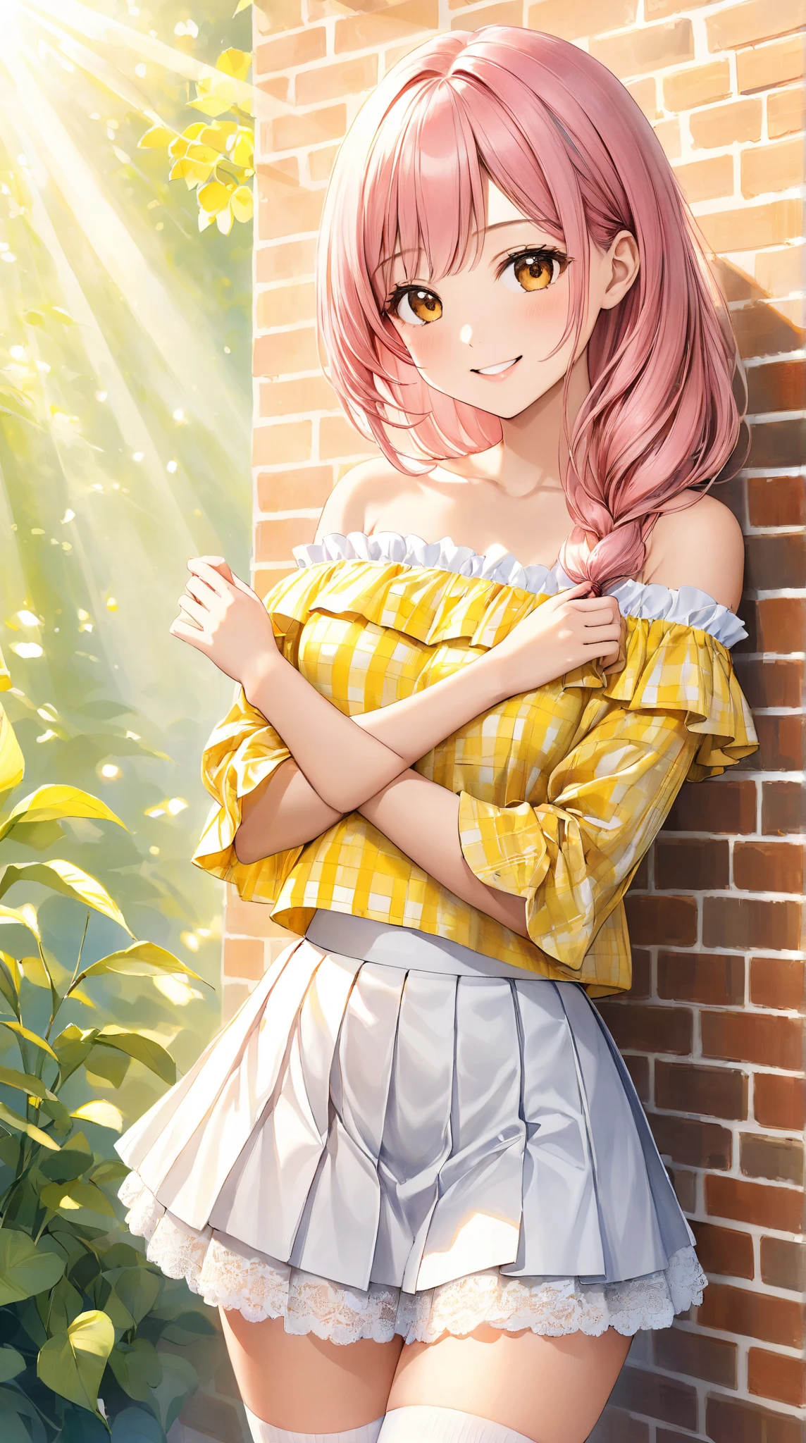 Best quality, (Detailed eyes and skin), ((Realistic)), jixiaoman, 1girll,A girl stretches out on campus，rays of sunshine， Blonde_Hair, Pink_Hair, Yellow_clothes, black_clothes, Blue_Eyes, Blue_sky, Blurry, Blurry_Background, Blurry_foreground,, mediating_Breasts, Exercise_bblurry,nase，exteriors，photore_\（curly\），A plant，short detailed hair，独奏，Bare-chest