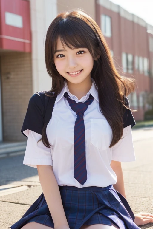 8K, Highest quality, The real picture, Intricate details, Very detailed, Ultra-high resolution, Depth Field,(Realistic,Realistic:1.2), From the center, 1 Japanese girl, Very beautiful 17 year old girl, Big eyes, Beautiful breasts:1.5、Very detailed目:1.2), (Beautiful breasts:1.1), (Small breasts:1.5), Wavy Hair、Curly Hair、bangs, Perfect Skin, Fair skin, Big Hips, Thick thighs, Thick legs, Cleavage, Tight waist, A slight blush, alone, Looking at the audience, (smile:1.4), ((School_uniform),(Dark Blue Blazer), (White shirt、Wear a tie), (Grey pleated skirt), (Sculptural installation :1.1)